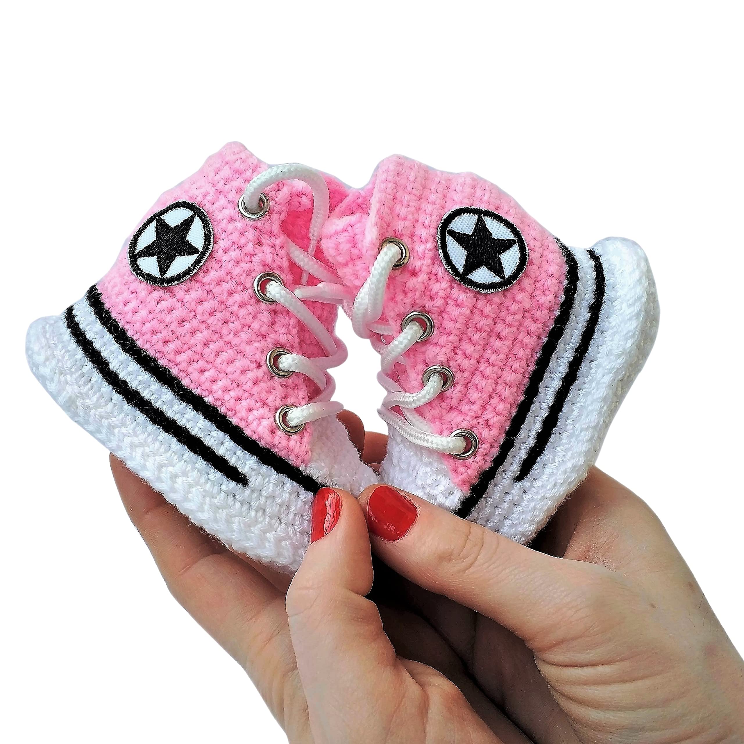 Handmade Crochet Merino Wool Pink Baby Booties Sneakers, Anti-Slip Sole Breathable Organic Cotton Slippers, Newborns Toddlers Soft Booties Wool Socks