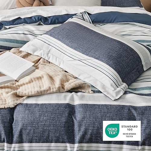 Vista 190 de Bedsure - Funda de edredón tamaño Queen, reversible con cierre de cremallera, juego de ropa de cama blanco, 3 piezas con 8 lazos en las esquinas y 2