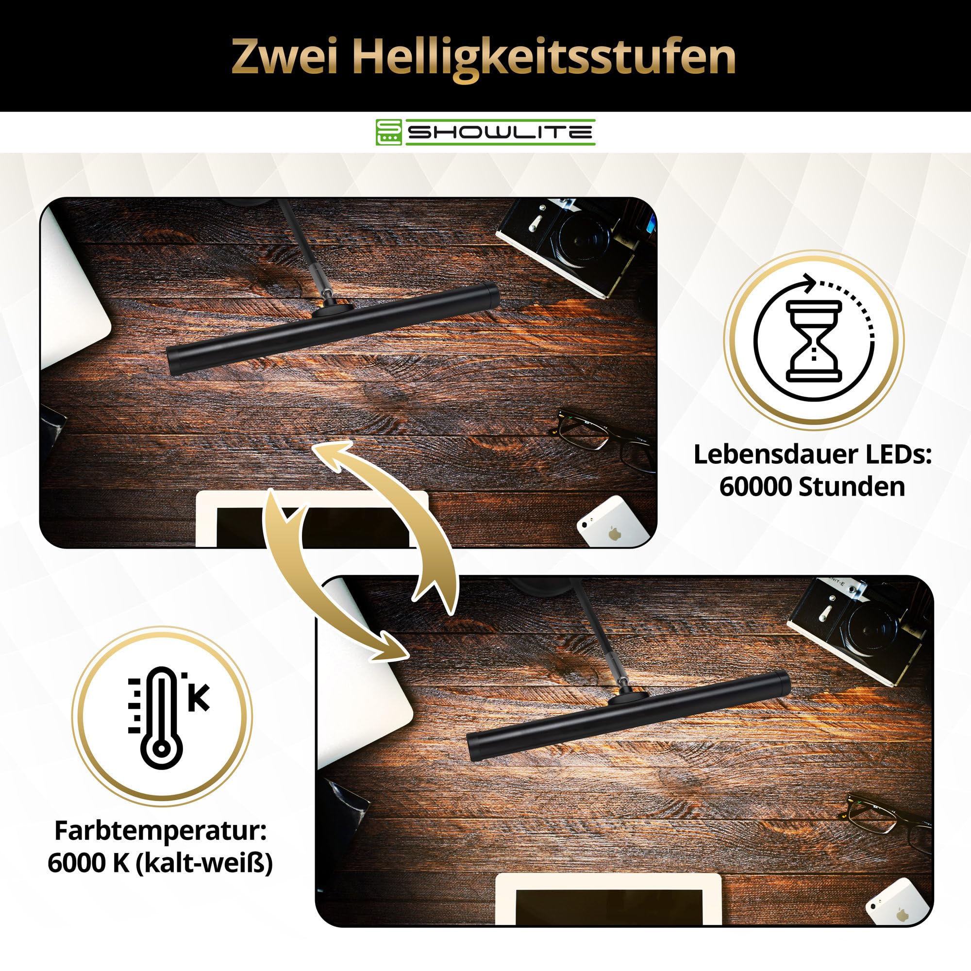 Showlite PL-1-BK-KW LED Klavierleuchte - Klavierlampe mit 15 LEDs - kaltweißes Licht in 2 Stufen - 36 cm Höhe - Betrieb per USB, Netzstrom oder Batterie - schwarz