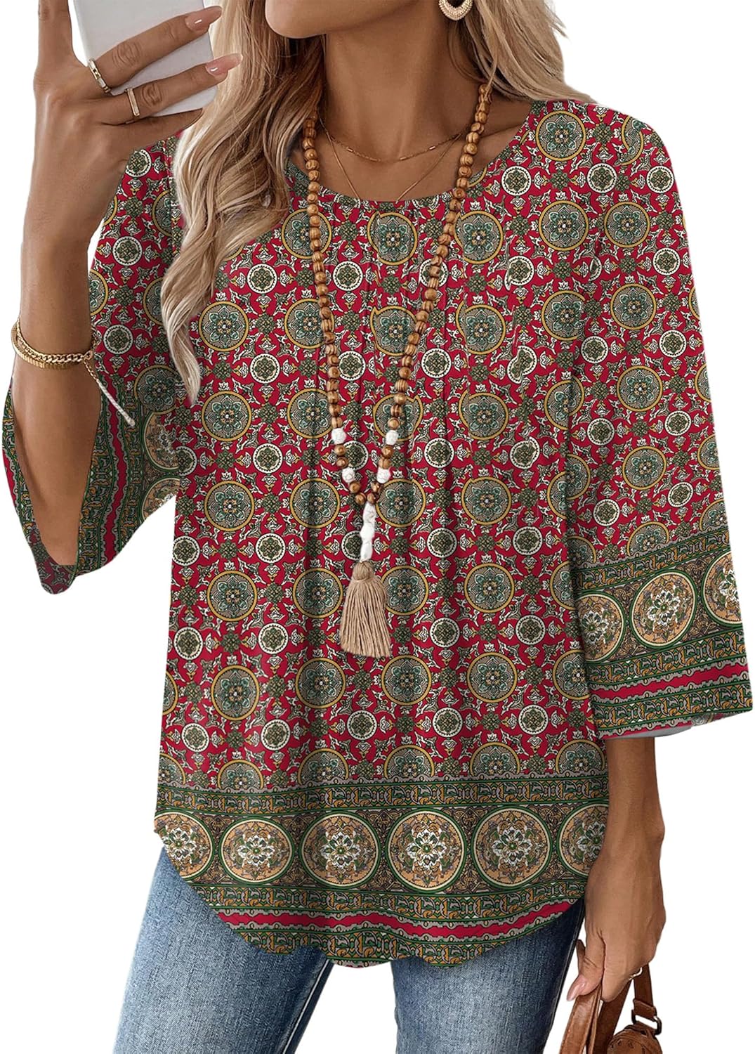 OFEEFAN 3/4 Length Sleeve Womens Tops Dressy Casual Women's Clothing Spring Outfits for Women 2026 Beach Vacation Clothes