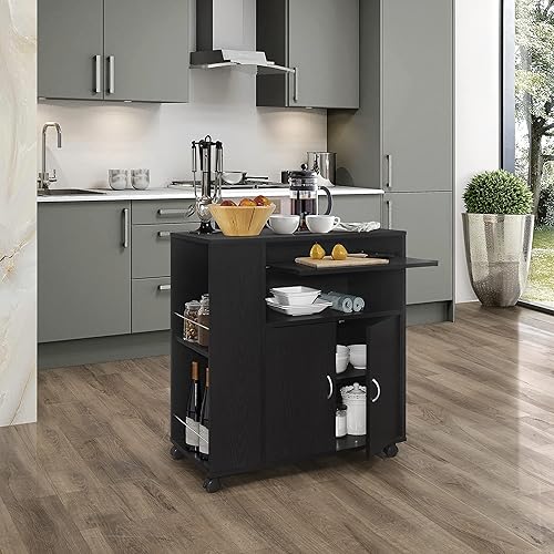 Kings Brand Furniture - Carrito rodante con ruedas para isla de cocina con armario de almacenamiento, color negro