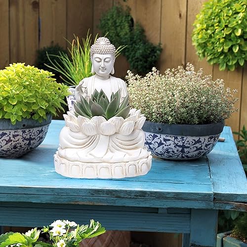 Miniatura 7 de Maceta de Buda – Poliresina de 9.5 pulgadas de alto – Soporte para maceta Zen para suculentas, flores, cactus, estatua de jardín de loto para