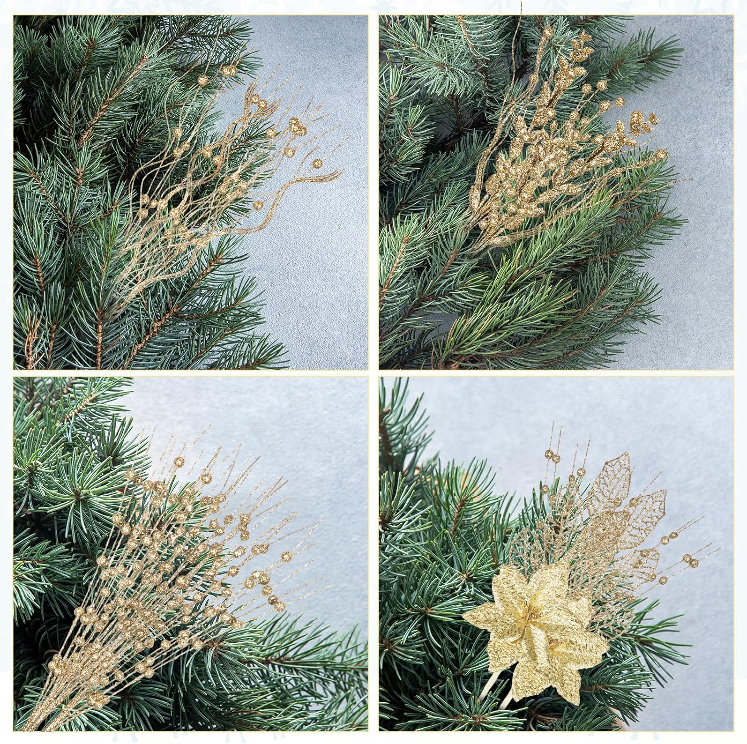 Syhood 30個パック クリスマスツリーピック オーナメント 人工グリッター ベリー 茎 枝 ポインセチア 花 カーリー ウィス