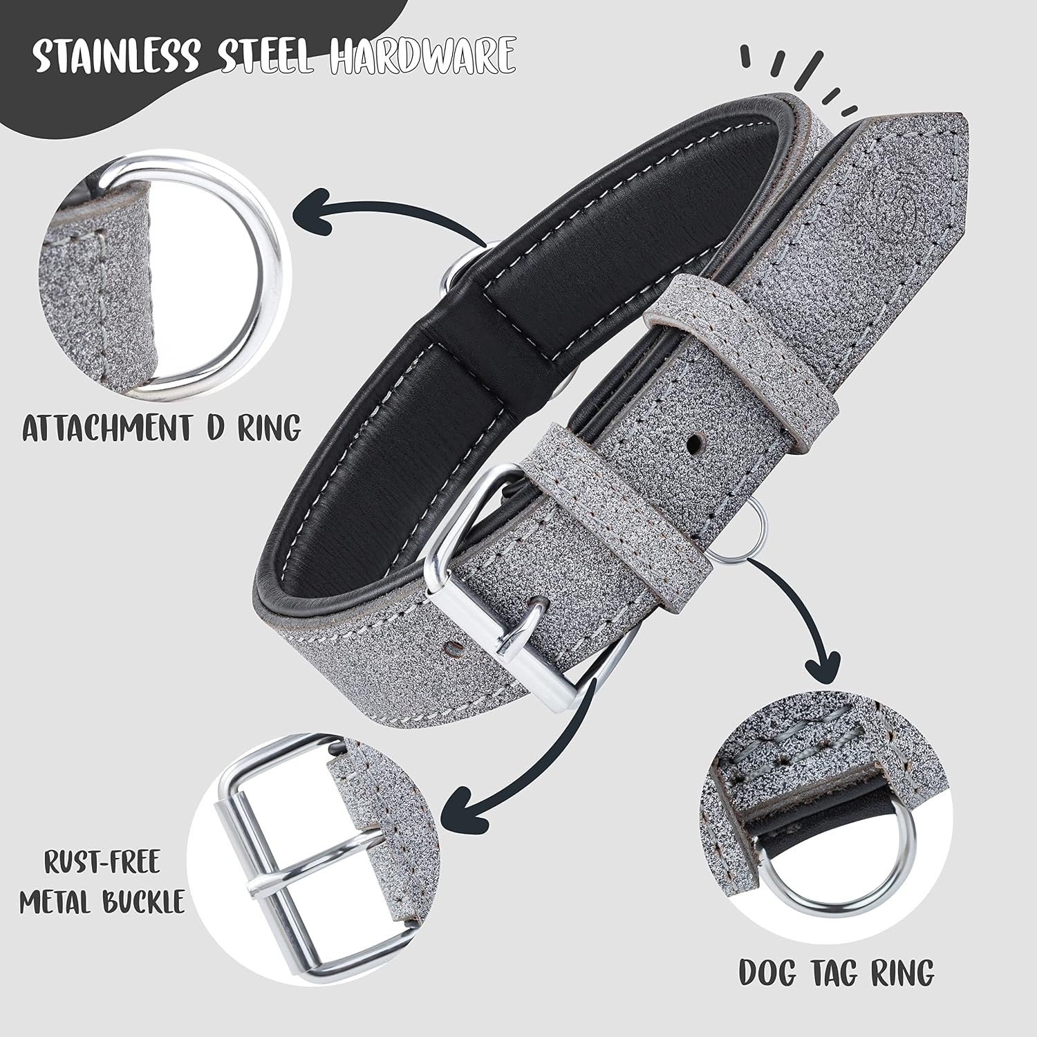 Riparo K-9 dog collar, padded, genuine leather, adjustable, heavy duty, (L: 3.8 cm wide for 45.7-53.3 cm neck, grey/white thread) - Image 5
