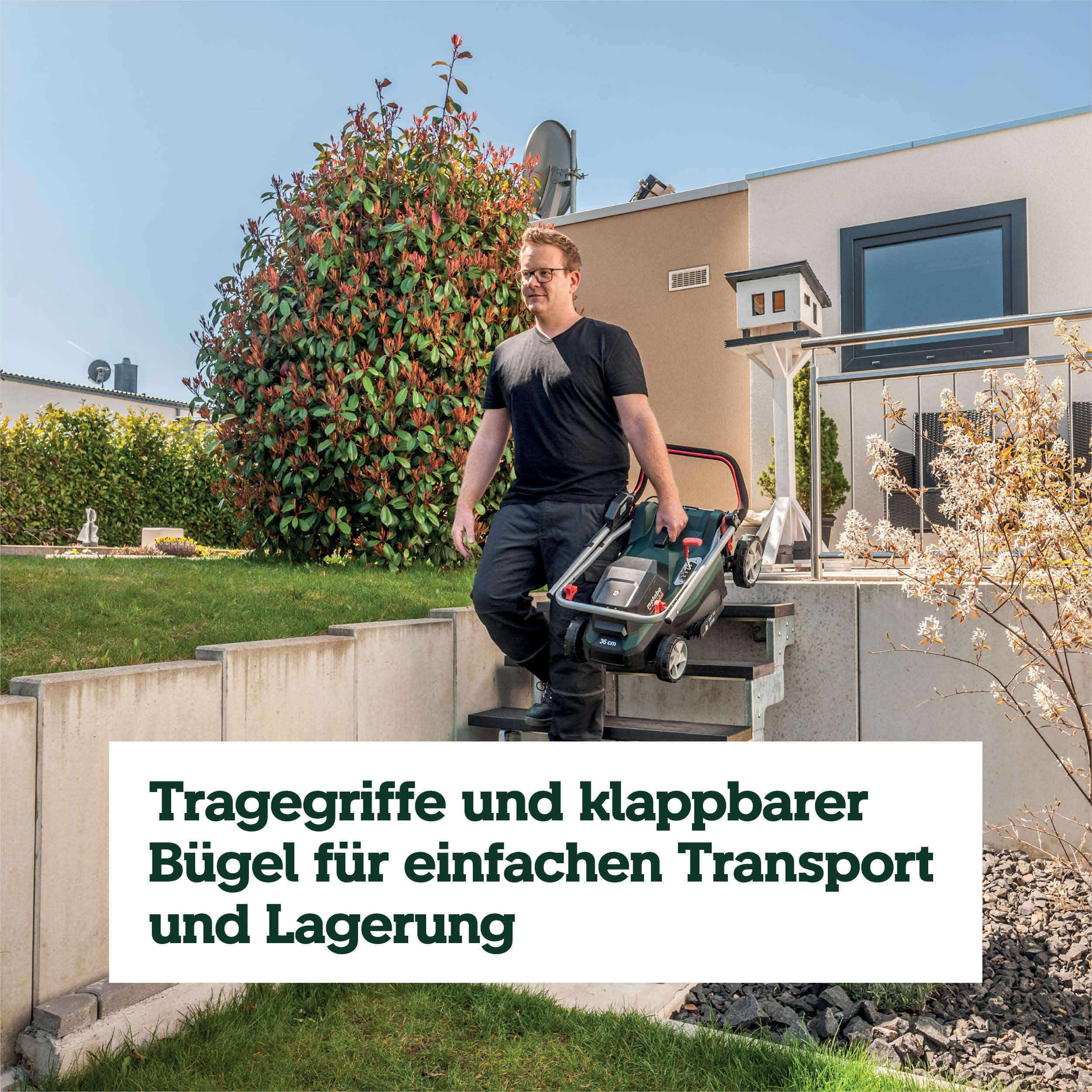 metabo Akku-Rasenmäher RM 36-18 LTX BL 36, Mulchmäher für Garten & Rasen | Elektrischer Rasenschneider ohne Akku und Ladegerät, kompakter Mäher für 350 m², 5-Stufen Schnitthöhe, inkl. Fangsack