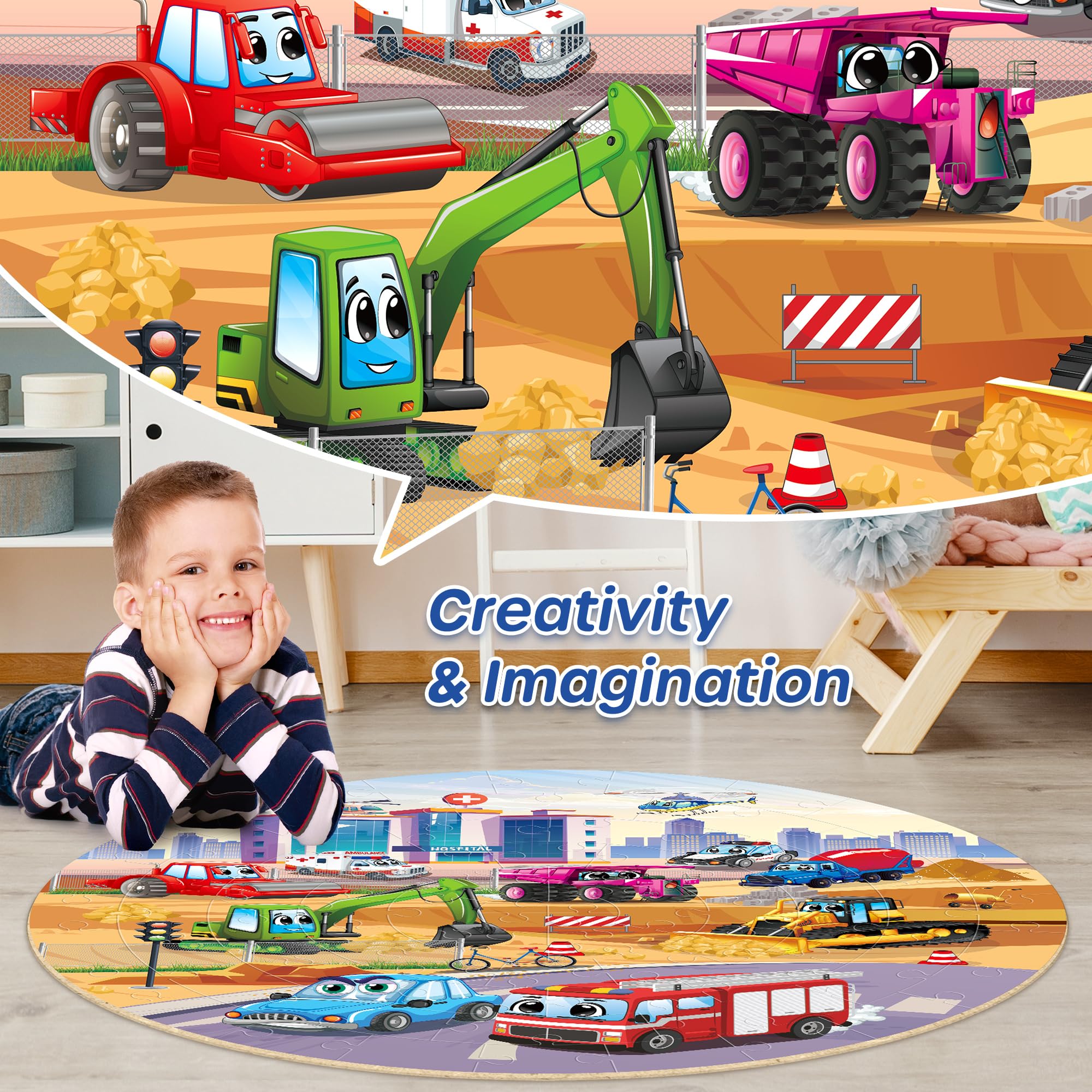 SYNARRY Giant Construction Vehicle Floor Jigsaw Puzzle for Kids 3 4 5 6 7 8 Year Olds, 70 Piece Big Round Fire Truck Jigsaw - Image 3