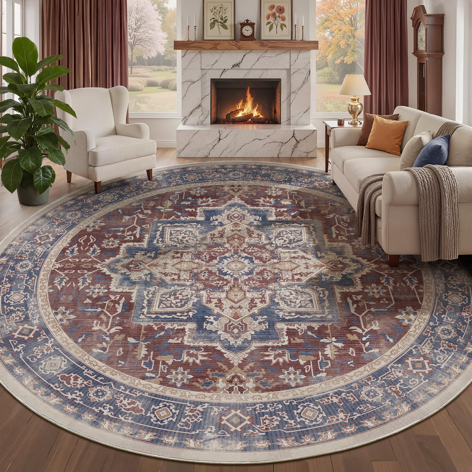 Jainmy Large Round Area Rugs for Living Room 8ft, Classic Vintage Medallion Big Round Carpet 8 Feet Family Room, Washable Non Slip Thin 8x8 Circle Floor Rugs for Dining Room, Dark Maroon/Blue/Beige โ image 1