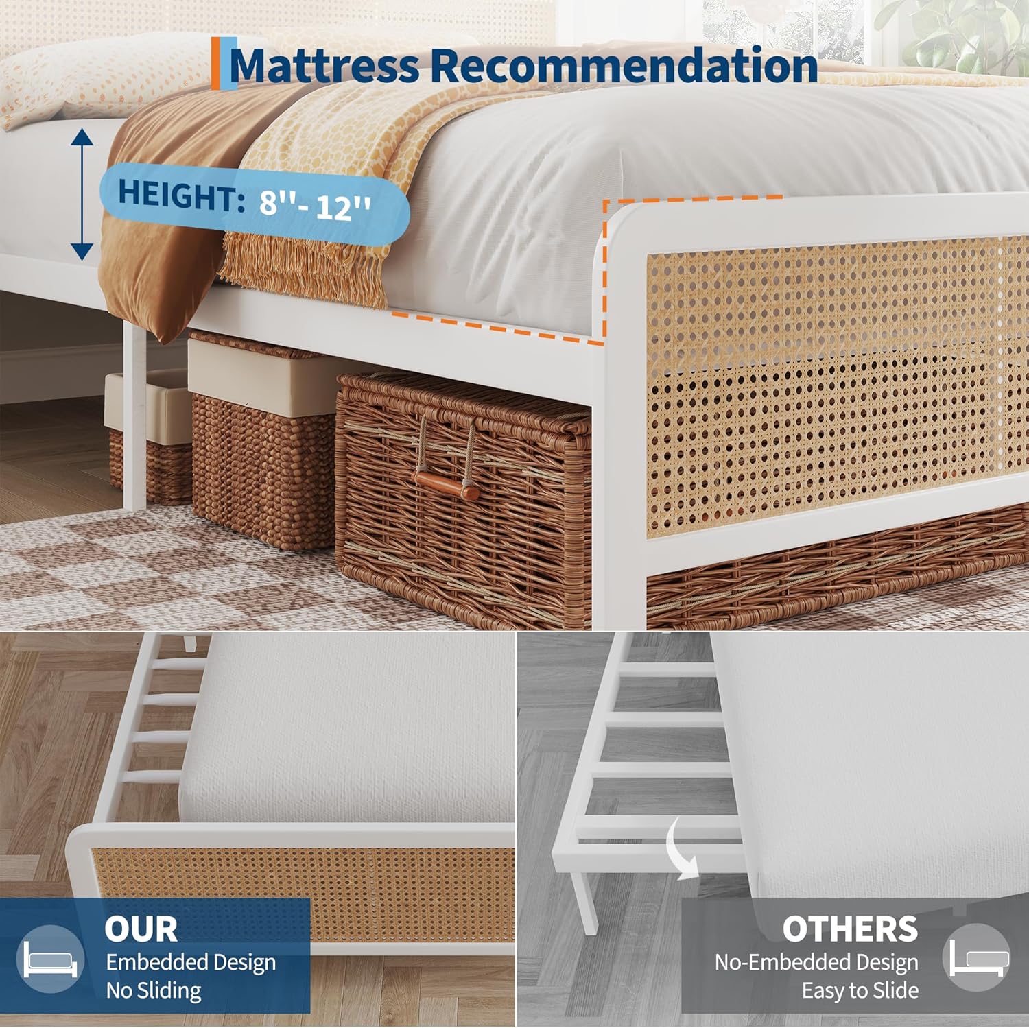 GAOMON Full Size Rattan Bed Frame with Headboard, Modern Style Cane Boho Bed Frames with Heavy Duty Sturdy Steel Slat Support, No Box Spring Needed, White