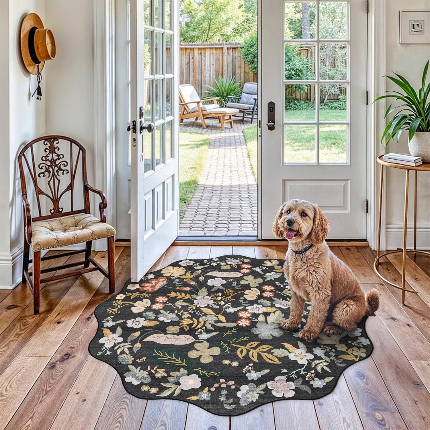 Washable 4ft Round Rug Non-Slip Boho Floral Scalloped Circle Rug for Bathroom Kitchen Living Room Bedroom Soft Thin