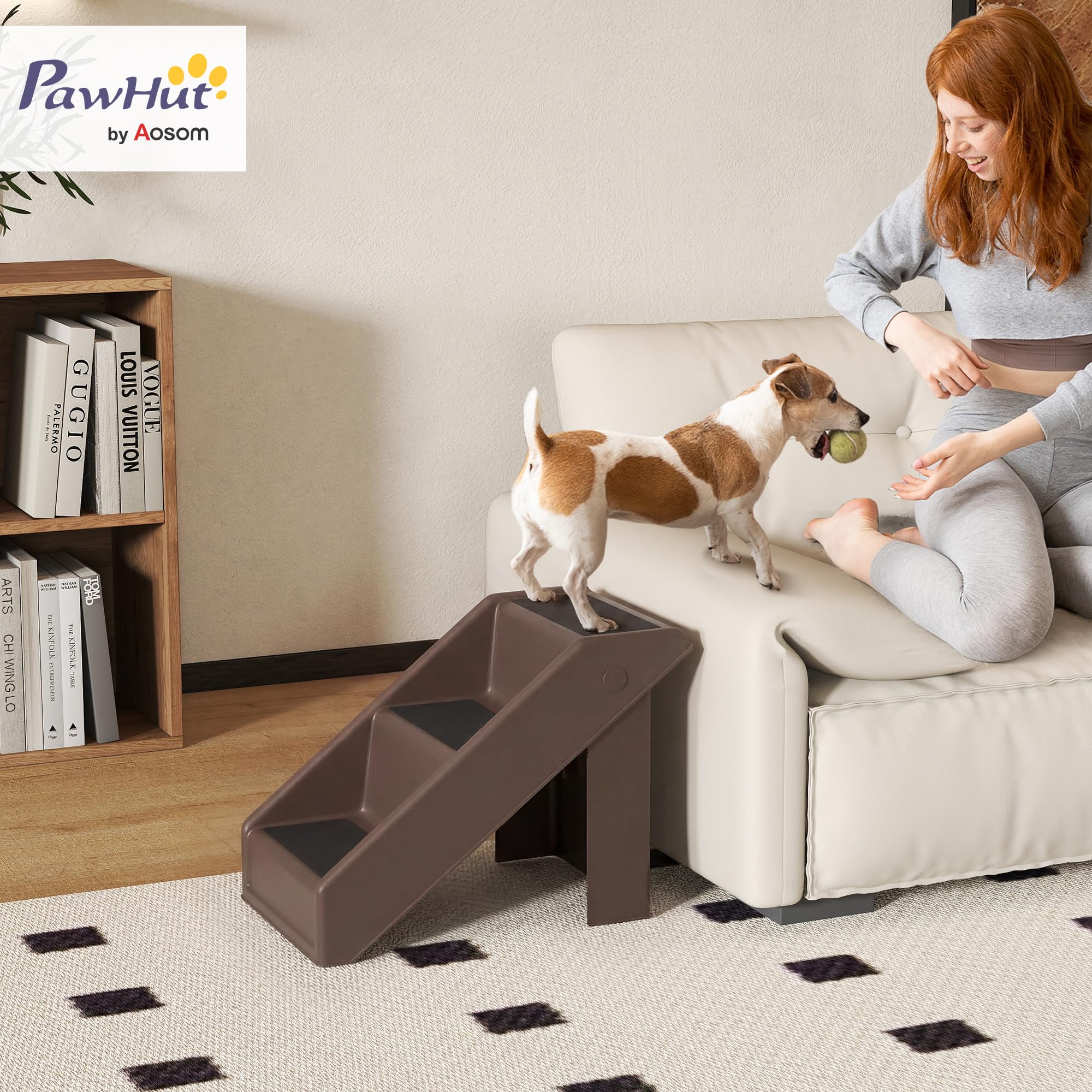 PawHut Scaletta per Cani e Gatti con 3 Scalini Antiscivolo, Scala per Cani Pieghevole con Capacità 10 kg, per Letti Alti e Divani, 53x30.5x36.5 cm, Marrone