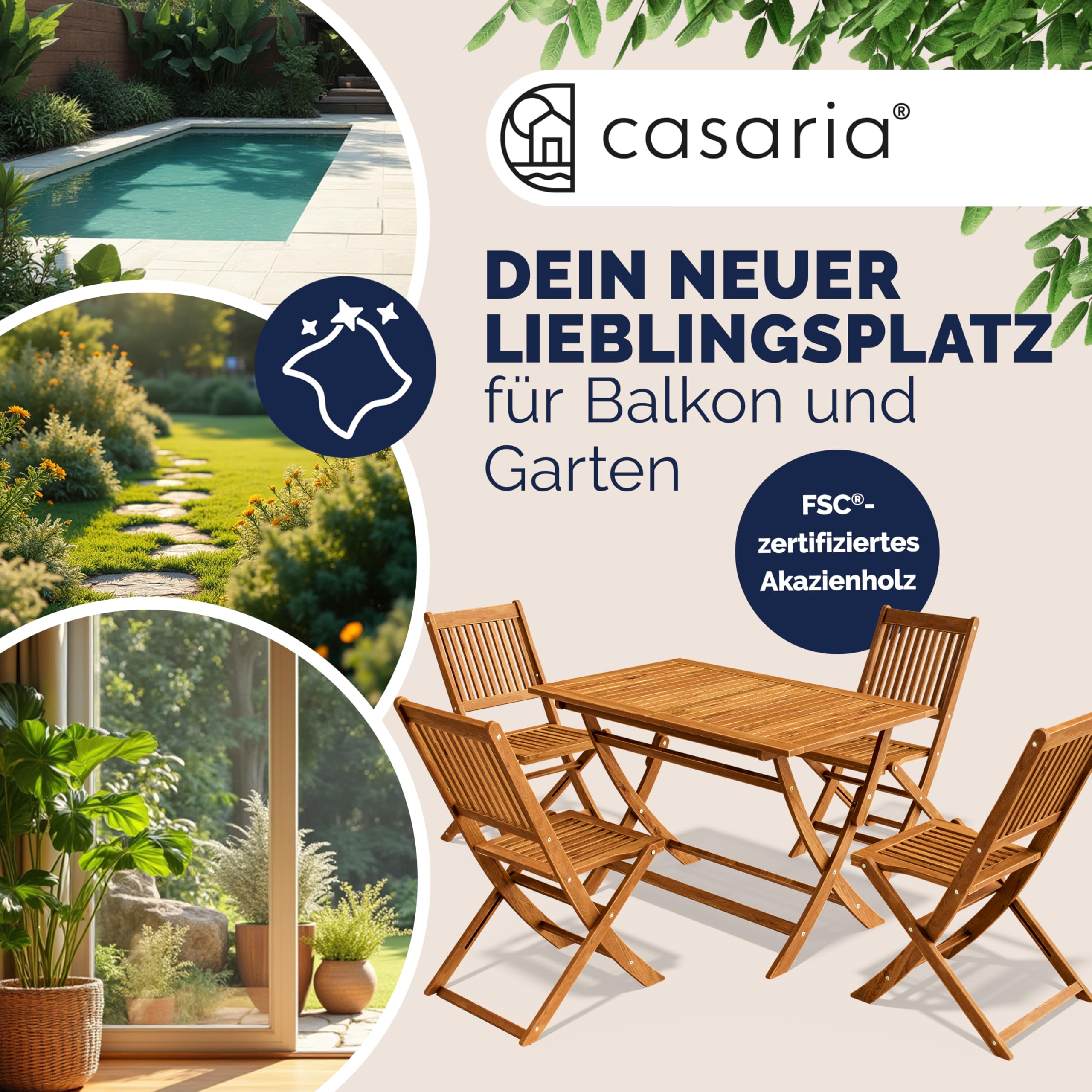 Casaria Set di Mobili da Giardino 5 Pezzi Modello 2026 Tavolo Extra Stabile Rinforzo Legno Acacia FSC 4 Sedie Pieghevoli