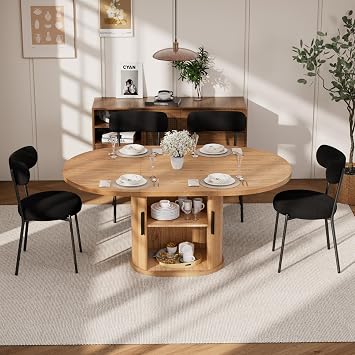 yeag Modern Oval Dining Table Set for 4, 59" Kitchen Table Set with 2-Tier Storage Shelf, Space Saving Wood Oval Dining Table & 4 Black Upholstered Boucle Chairs for Living Room Kitchen Furniture