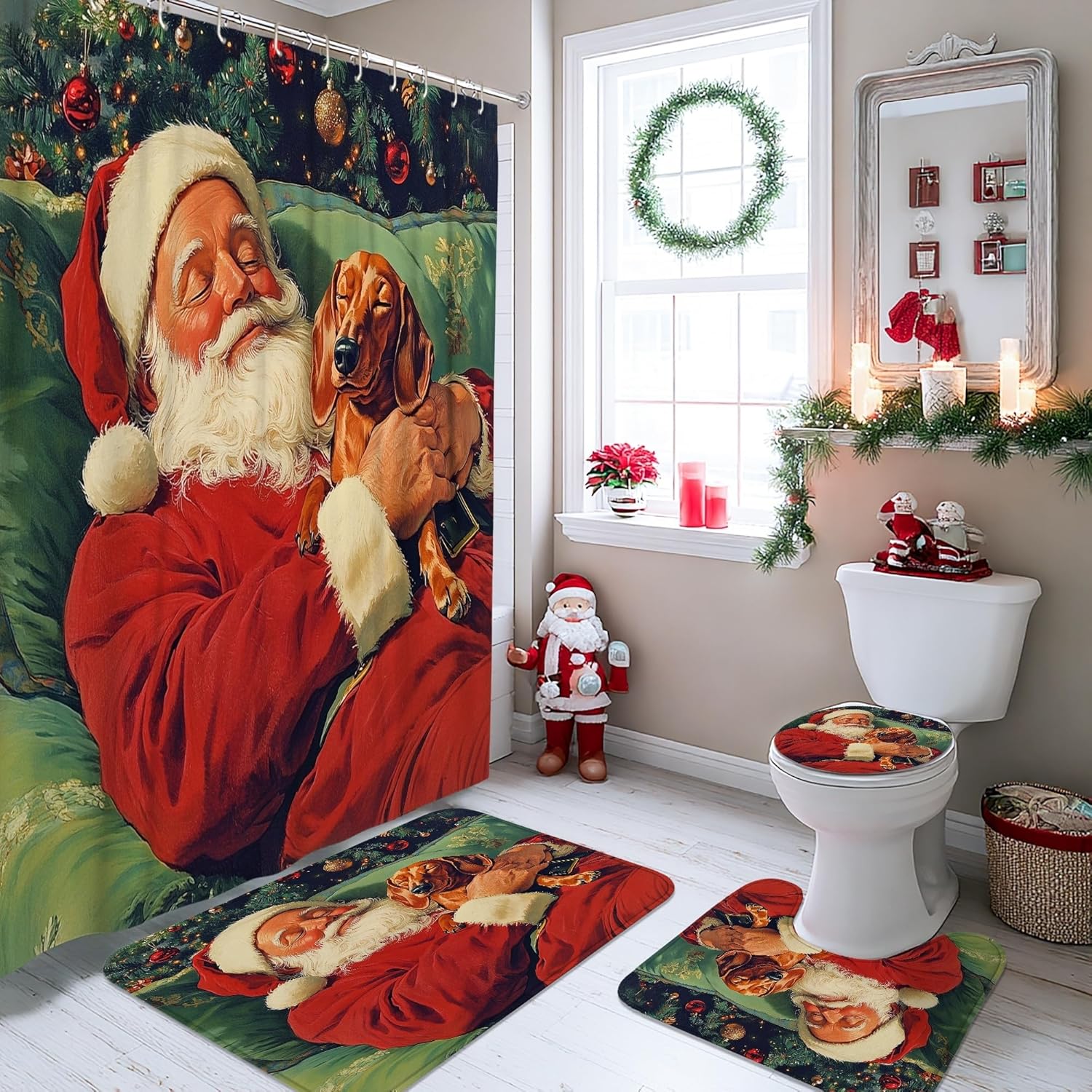 4PCS Christmas Dachshund Dog Bathroom Sets, Bath Accessory with Non-Slip Rug, U Shape Toilet Lid Cover Mat, Xmas Santa Puppy Bathroom Decor-72''x72''