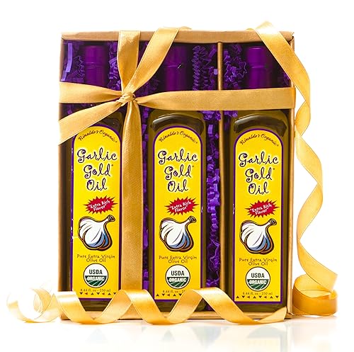 Miniatura 1 de Garlic Gold Aceite de oliva virgen extra orgánico con infusión de ajo tostado mapa bajo en fusión caja de regalo 3 botellas de aceite