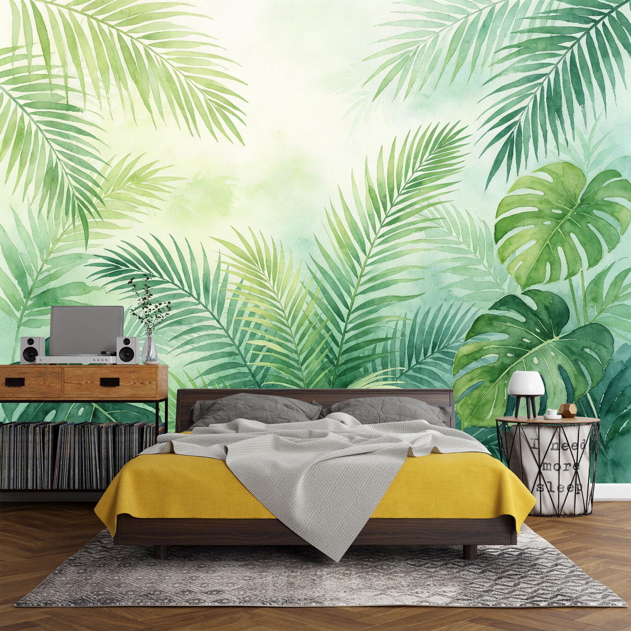 Custom Size Wall Mural， Tropical Palm Leaves Botanical Jungle Watercolor Green Plants，SelfAdhesive Art Prints wall Fabric (No PVC) Removable Wallpaper Living Room Decor