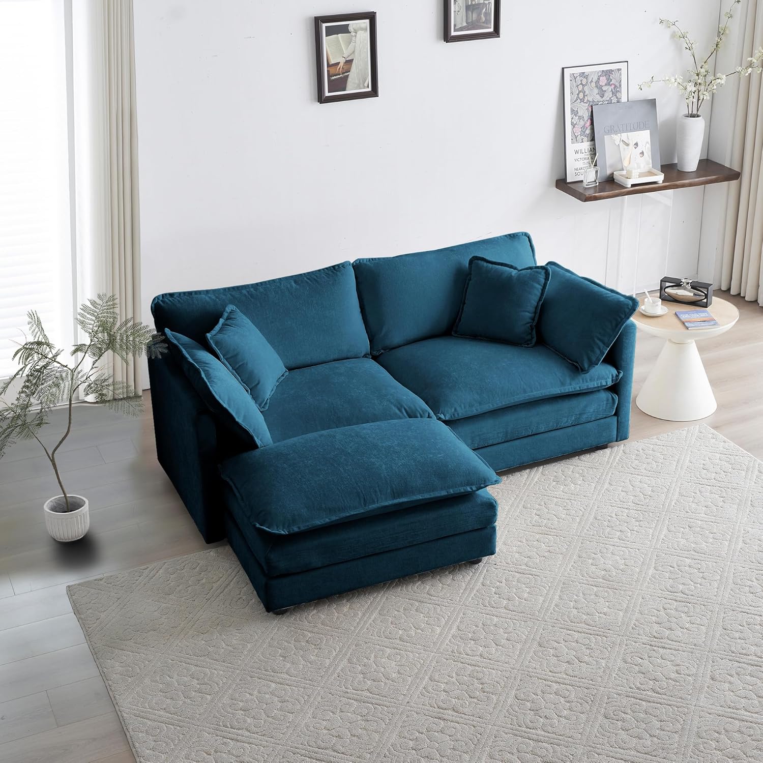 Tmsan 76.7" Blue Deep Seat Cloud Loveseat Sofa Sectional Couch with Ottoman, Large 2 Seater Modular L Shaped Sofa, Comfy Chenille Love Seat for Living Room Bedroom Apartment Office