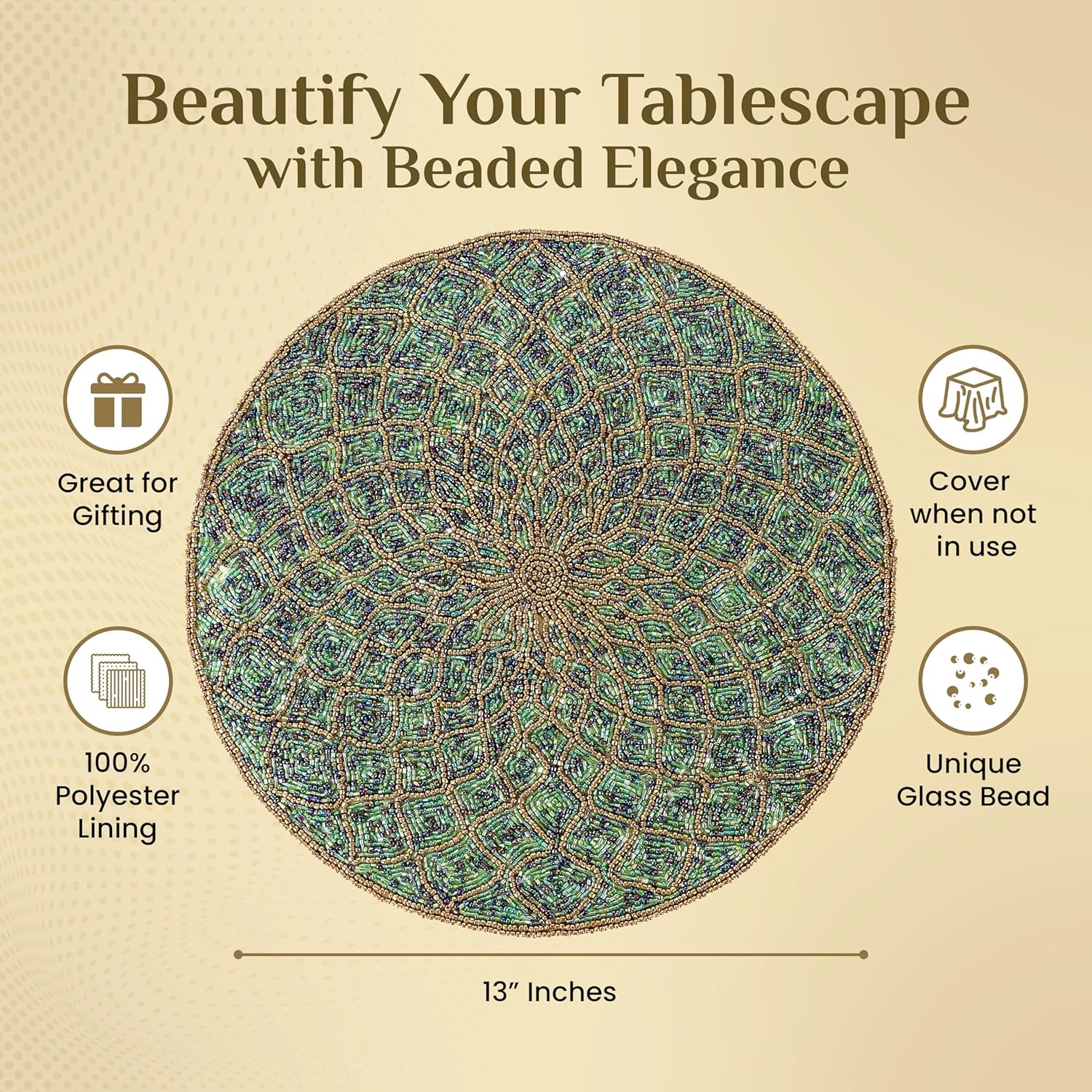 CLEENTABLE Farmhouse Beaded Placemats 13" Round - Decorative Glitz Christmas Beaded Charger Hand Made by Skilled Artisans - A Beautiful Complement to Your Dinner Table Décor (Green Gold)