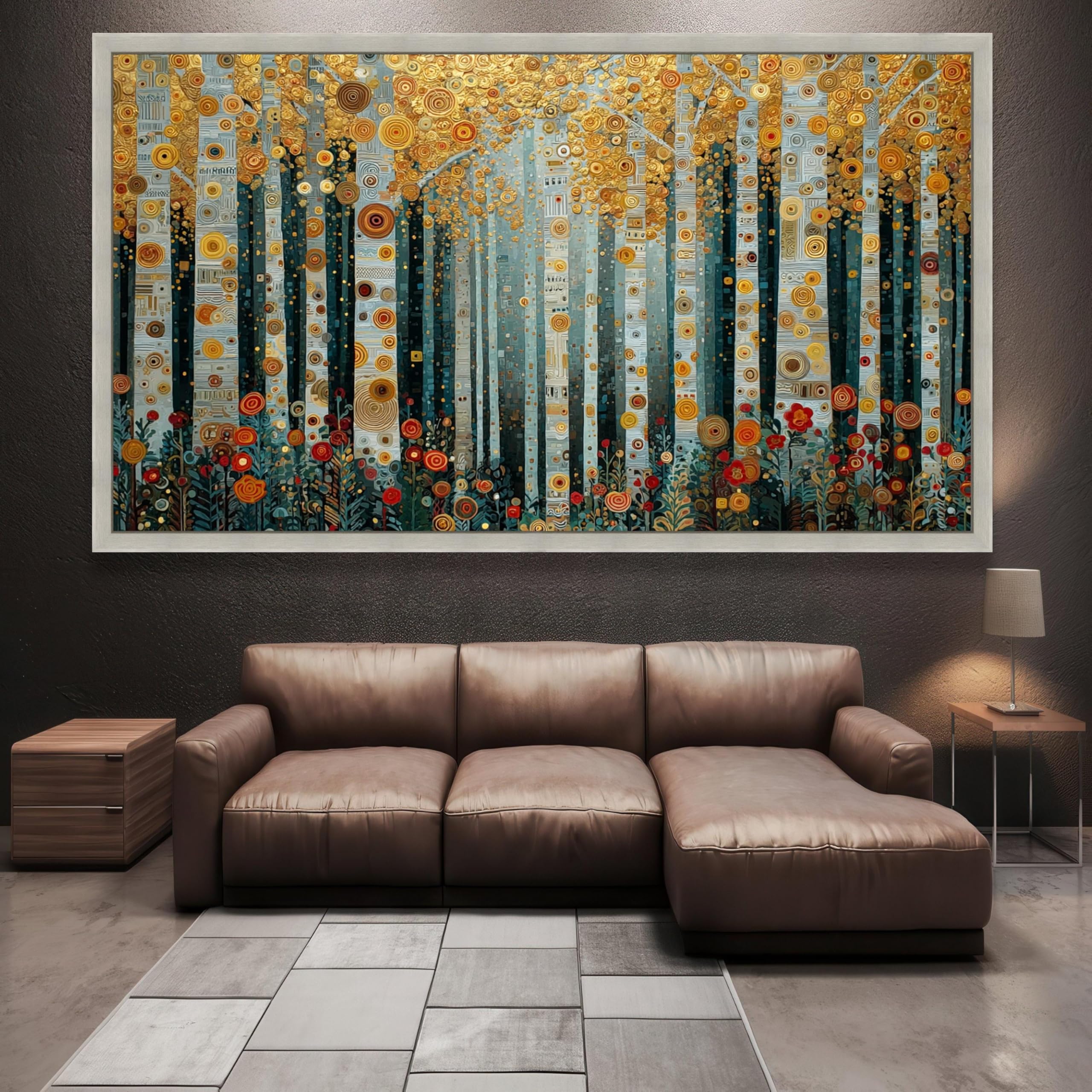 LMYCHENG Classic Forest Canvas Prints, Abstract Birch Trees Wall Art, Golden Floral Landscape Oil Painting, Nature Canvas Decor(80x150cm/Internal Frame)