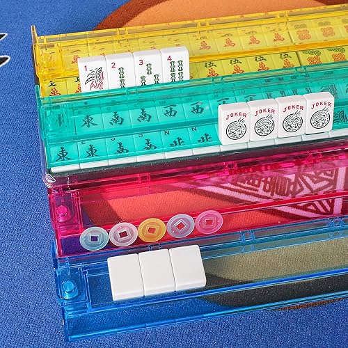 Miniatura 7 de Juego de Mahjong Americano GUSTARIA, 166 fichas blancas de calidad, 4 estantesempujadores de color todo en uno, juego completo de fichas de Mahjong