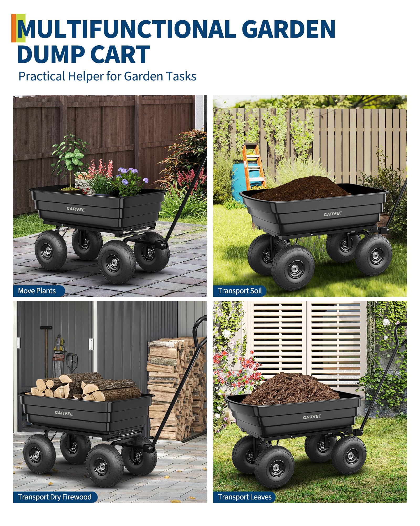 GarveeHome Gartenwagen mit Kippfunktion bis 270 kg Transportwagen | Bollerwagen mit Lenkachse Luftbereifung auf Stahlfelge, Gartenkarre Dumper für Gartenarbeit Rasen