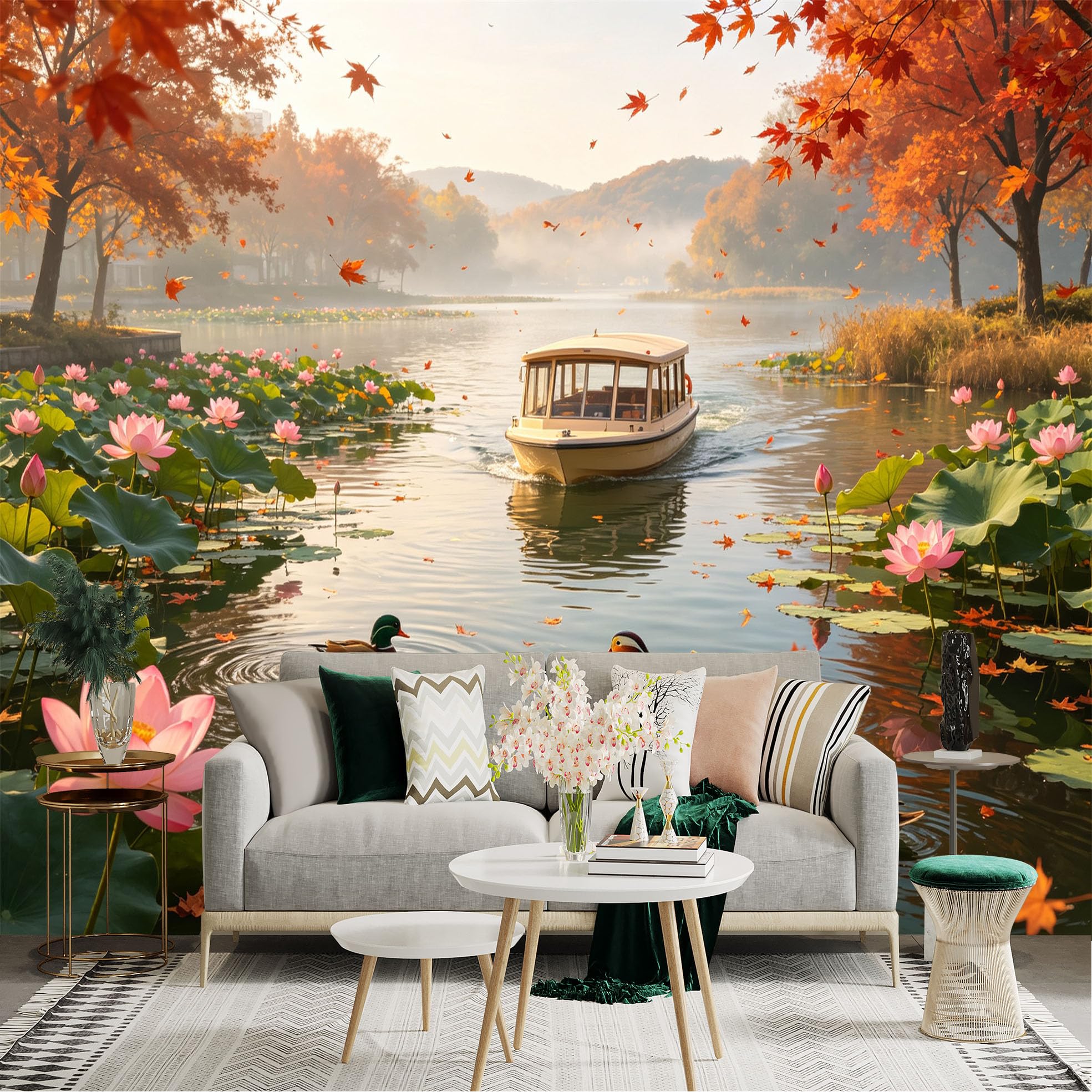 Custom Size Wall Sticker Mural， Autumn Lake Scene with Lotus Flowers， Small Cruise Boat and Wild Ducks， for wall Decoration， peelandstick wall Decals.