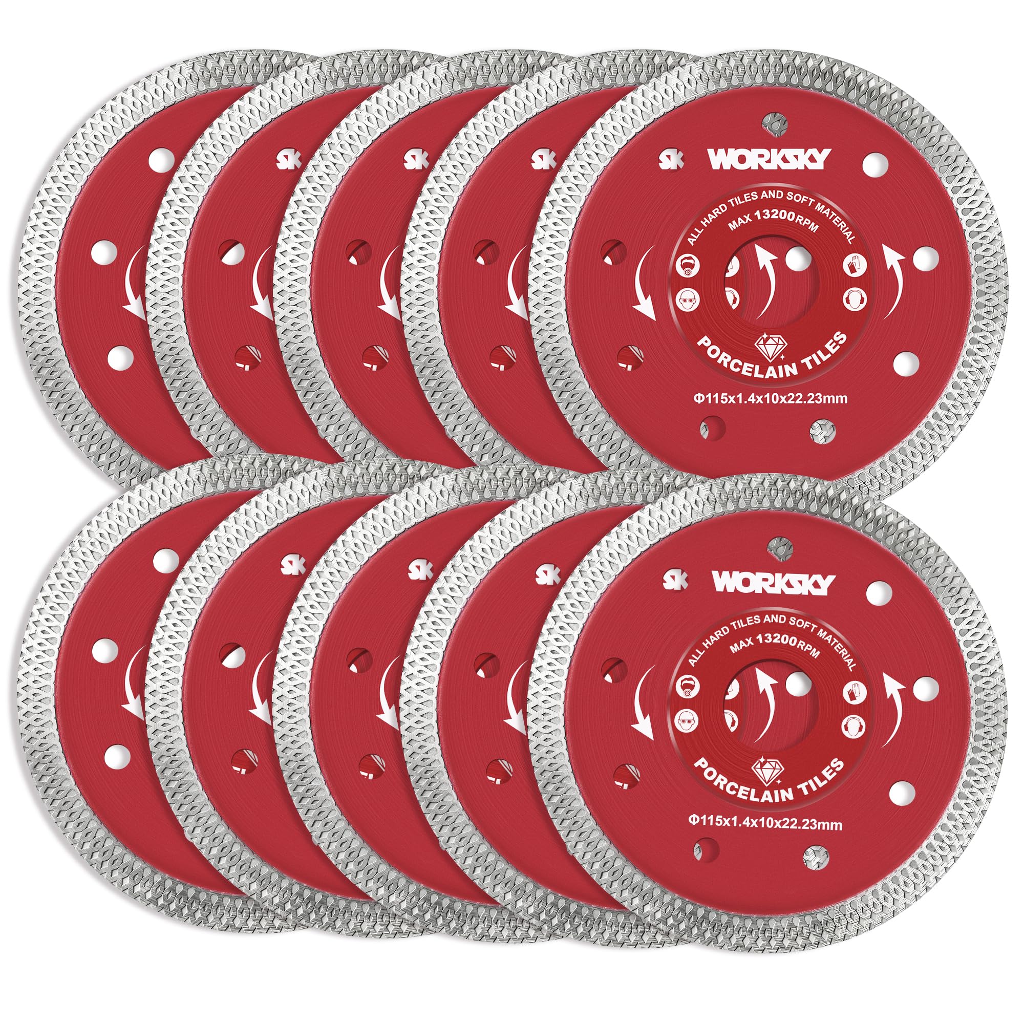 WORKSKY 10 Pack Diamond Cutting Discs for Angle grinder, Diamond Saw Blades for Tile, Marble,Concrete 115mmx22.3mm