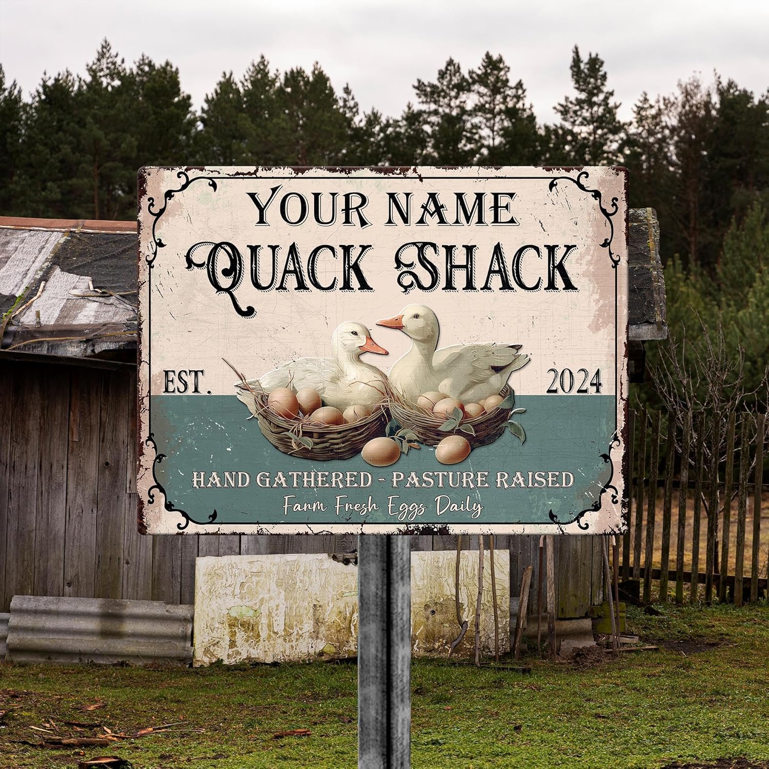 Personalized Duck Quack Shack Metal Sign, Rustic Style, Outdoor Metal Animal Sign for Duck House Decor