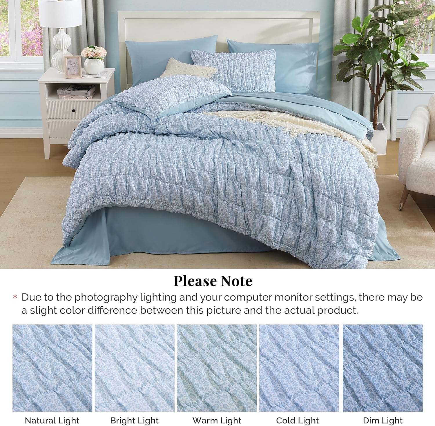 Queen Comforter Set - 7 Pieces Blue Classic Puff Floral Bedding Sets for All Seasons, Shabby Chic Farmhouse Bed in a Bag Queen with Wildflowers Fluffy Comforter, Sheets, Pillowcases & Shams - Image 5