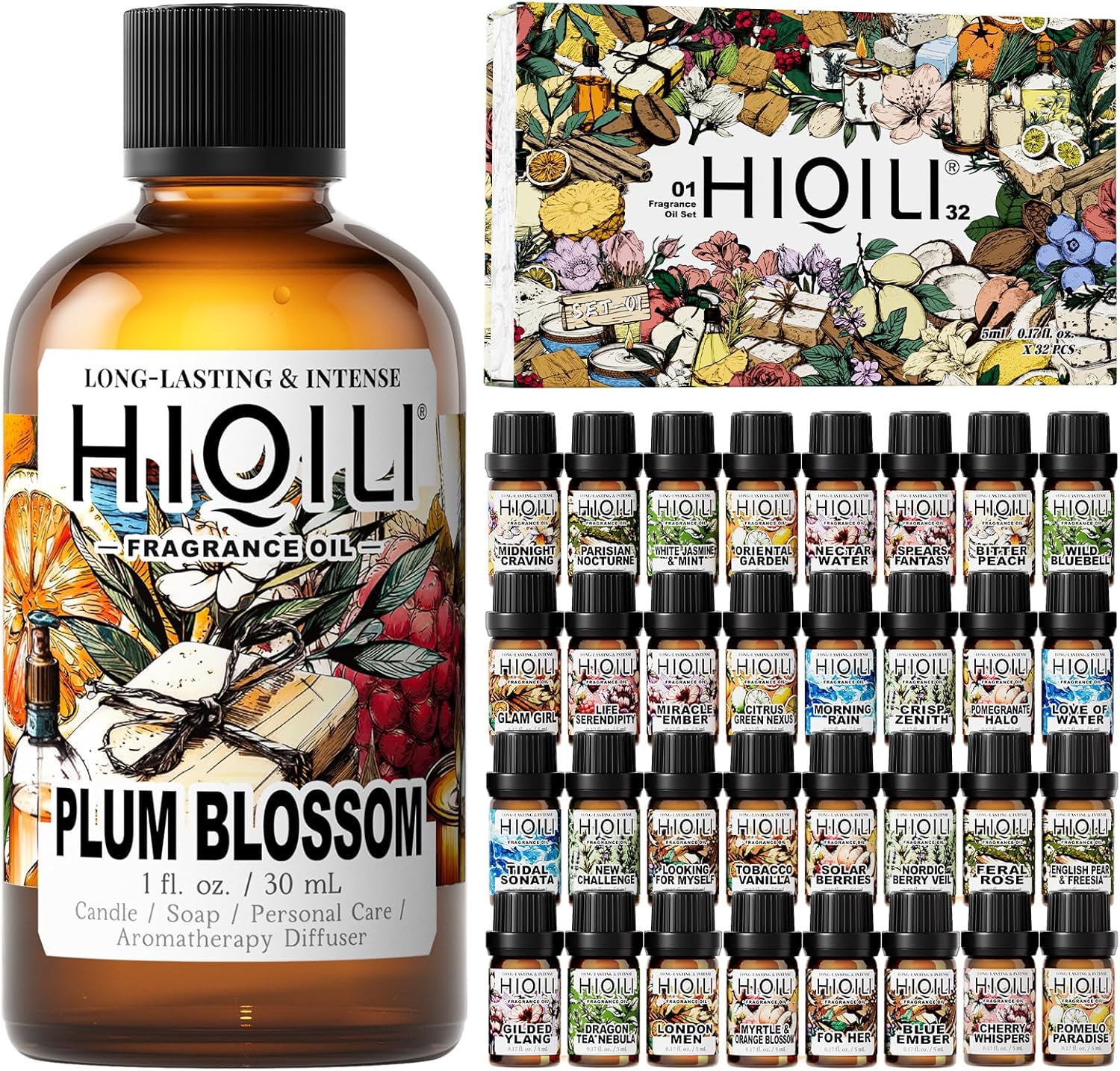 HIQILI 30ML Plum Blossom Fragrance Oil & 5ML*32 Fragrance Oil Gift Set, for DIY, Diffuser
