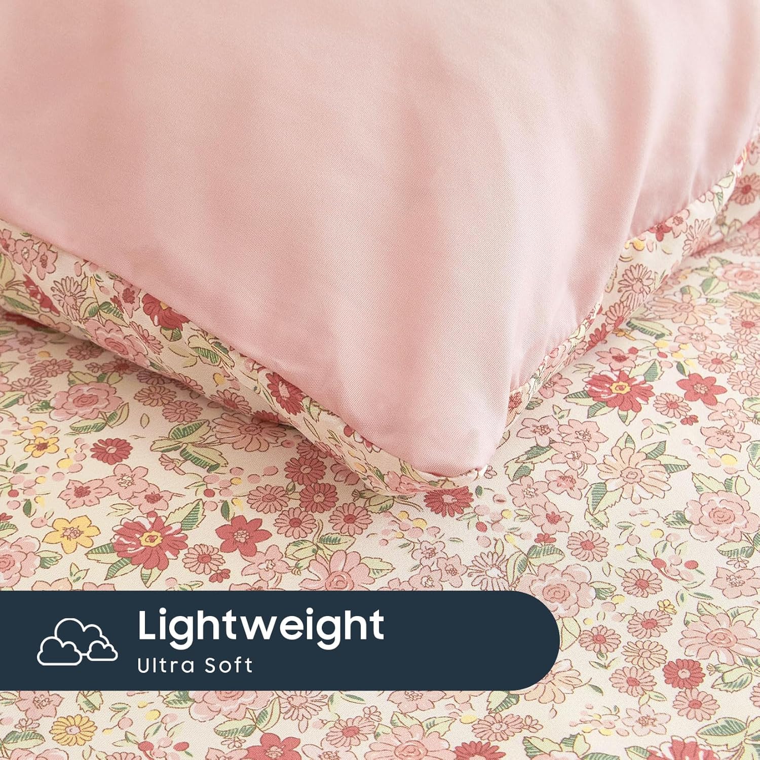 Wake In Cloud - Floral Comforter Set with Sheets, Cute Vintage Flower Cottagecore Aesthetic for Women Teen Girls, 7 Pieces Bed in a Bag, Cream Pink, Full Size - Image 6