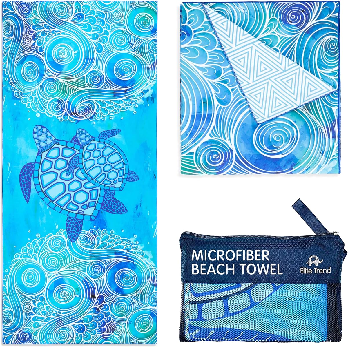 Microfiber Beach Towel for Adults with Bag - Extra Large 78x35 inch Lightweight Sand Free Quick Dry Towel for Travel, Swimming, Yoga, Camping (Sea Turtle)