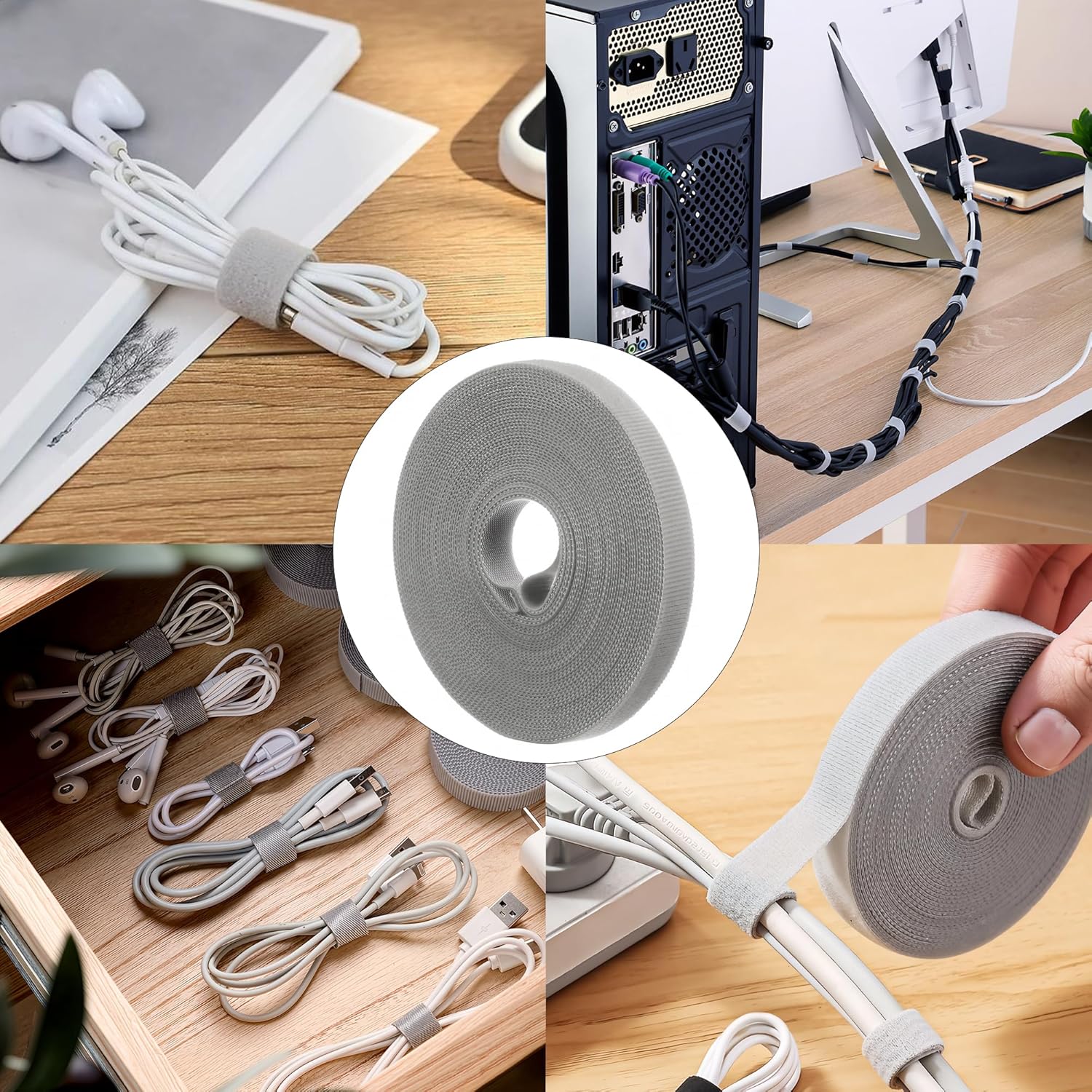 Cable Organizer Wrap Roll 3m Long Reusable Wire Management Tie Gray for Home Office and Electronics Setup