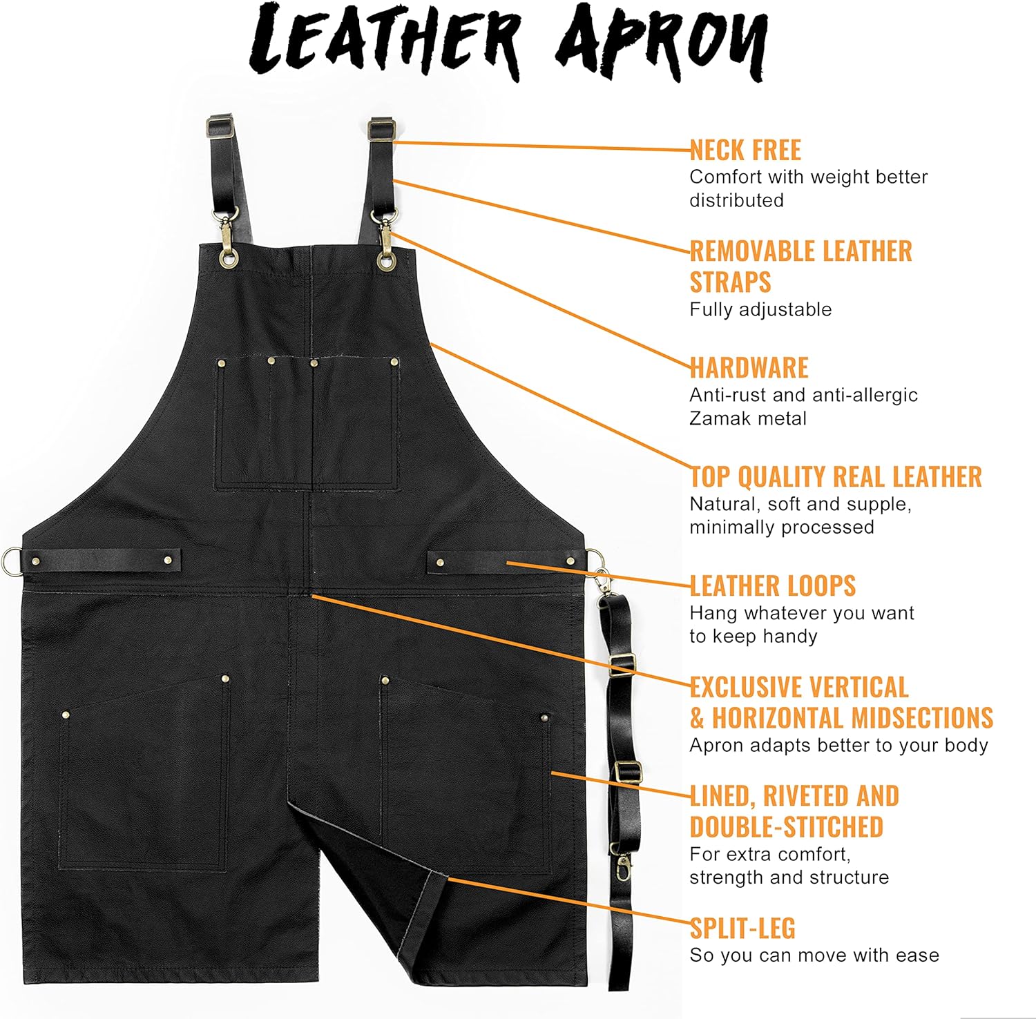 Under NY Sky Leather Apron - Cross-back Straps, Split-Leg, Riveted, Lined – Genuine Leather for Barbers, Chef, Bartender, Barista (Black) - Image 3