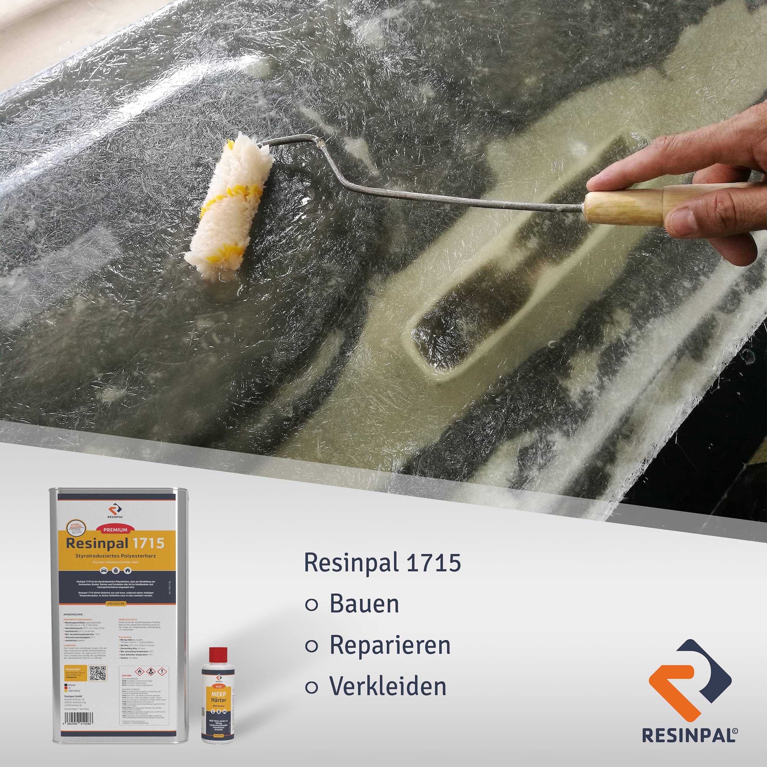 Polyesterharz mit Härter | 5 kg Resinpal 1715 + 100 g Härter | Laminierharz | Styrolvermindert | Reparaturharz Set inkl. MEKP-Härter | Zum Laminieren & Reparieren| Kunstharz Made in Germany |