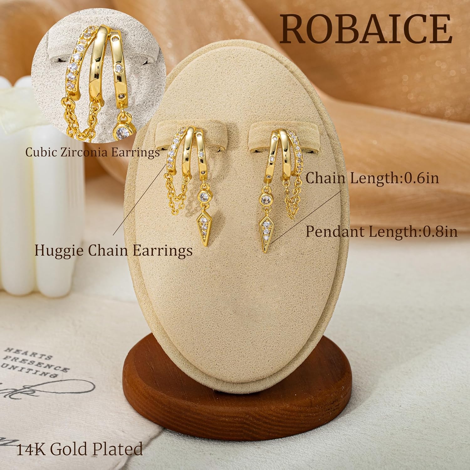 Dangle Earrings for Women,14k Gold Plated Triple Huggie Stud Earrings Dainty Drop Earrings for Women Trendy Gold Statement CZ Chain Earrings Non Tarnish Jewelry - Image 5