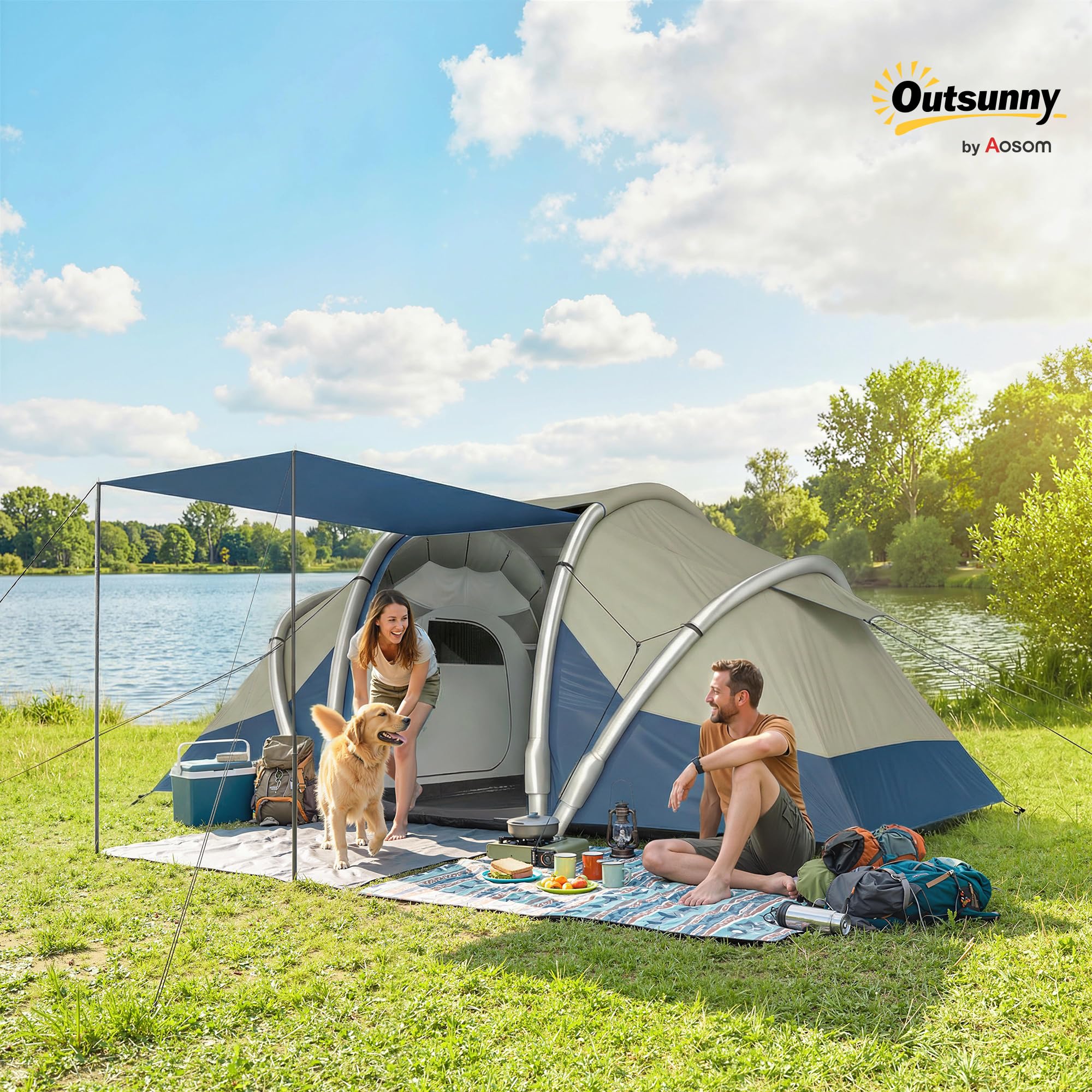 Outsunny Tienda de campaña inflable para 4 personas, montaje rápido, tienda de campaña al aire libre con bomba de aire, 2 dormitorios, ventana de malla fluorescente, piquetas fluorescentes, toldo