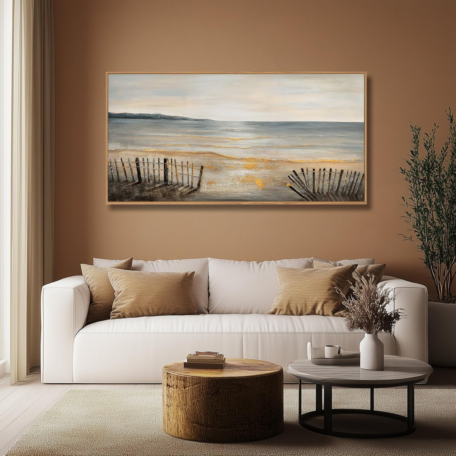 yuaxker ocean wall art grey and black wall decor framed canvas painting beach aesthetic artwork for living room bedroom dining room office home decor 24x48 inch 24"x48" grey