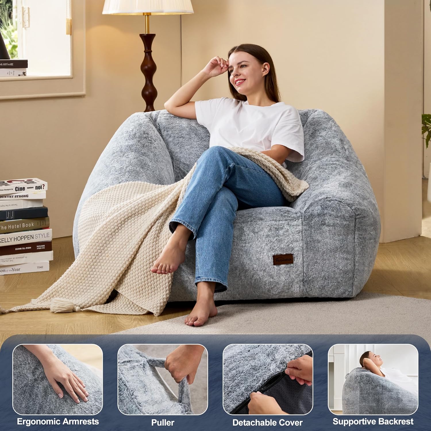 Hobestluk Oversized Bean Bag Chair for Adults with Filler, Large Cozy Reading Chair, Comfortable Lounge Chair for Living Room and Bedroom (Grey Two-Tone) - Image 5