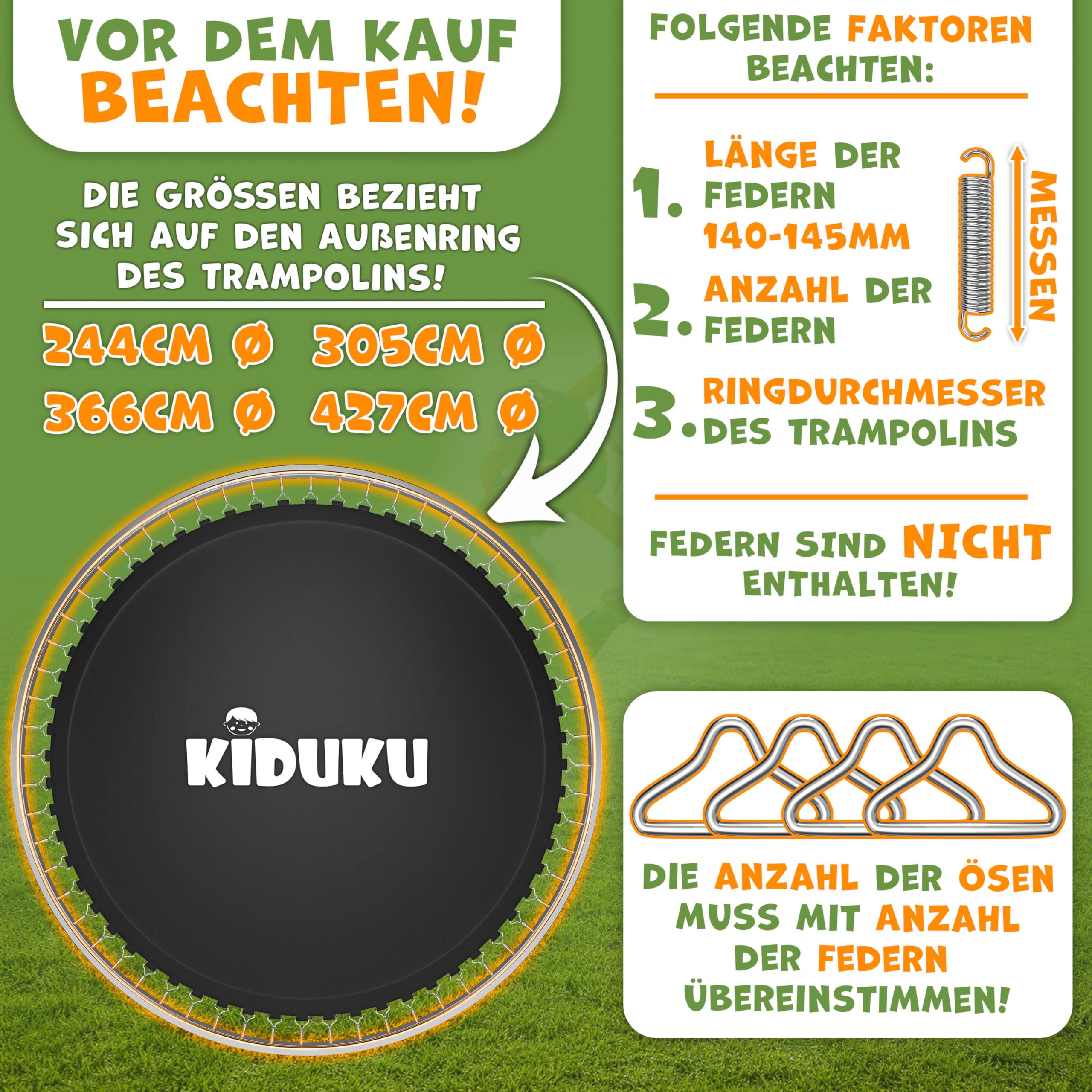 KIDUKU® Trampolin Sprungtuch Ø 244 305 366 427 cm | Ersatz Sprungmatte 48-96 Ösen UV-Beständig & Wetterfest | Zubehör Ersatzmatte Garten-Trampolin | Trampolinsprungtuch 260g/m² PP