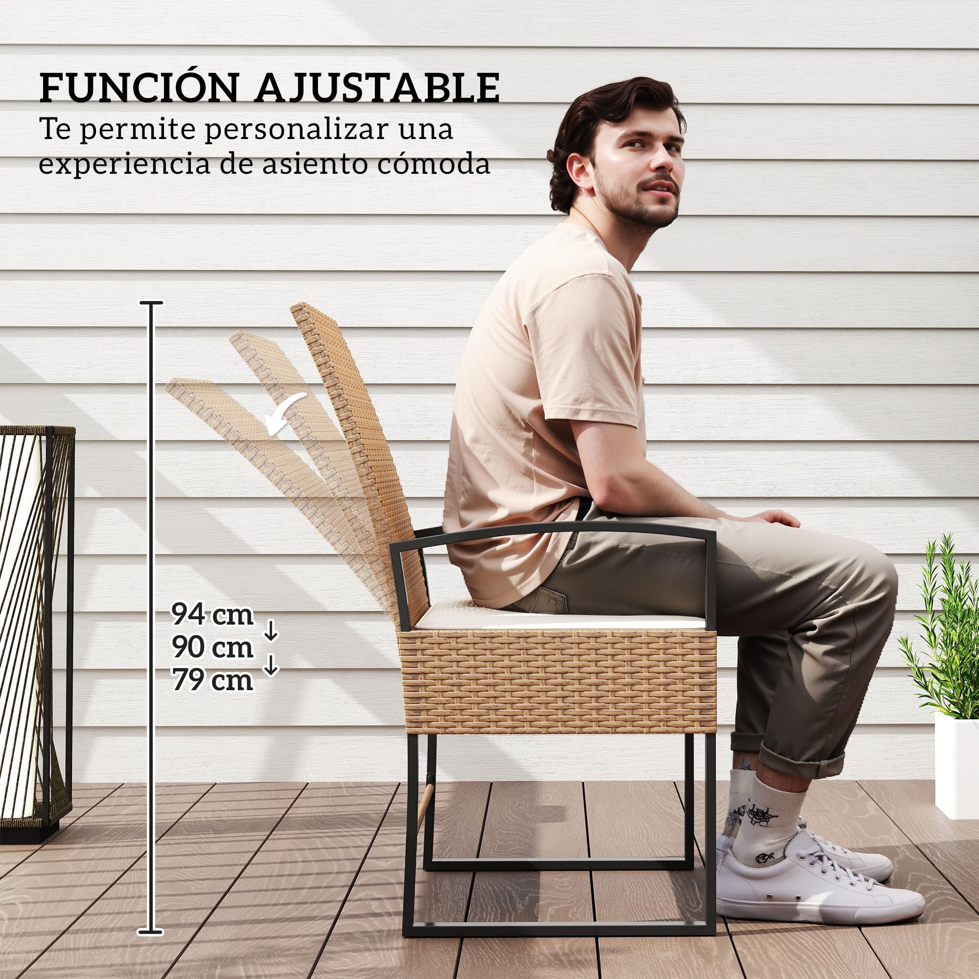 Outsunny Conjunto de Jardín Exterior de 3 Piezas con Respaldo Ajustable Juego de 2 Sillas y Mesa de Ratán con Cojines Acolchados y Encimera de Vidrio Templado para Balcón Terraza Beige y Blanco