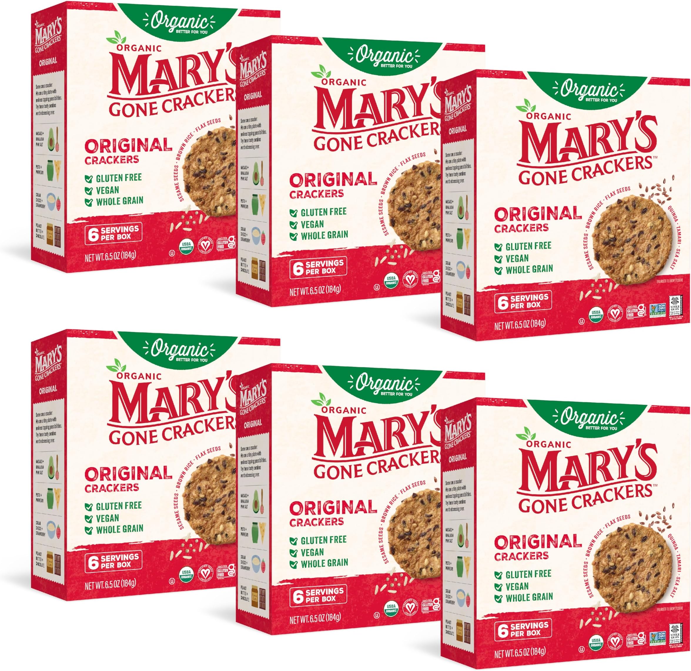 Mary's Gone Crackers Organic Original Crackers - Gluten-Free, NON-GMO, Vegan & Whole Grain, 6.5 Ounce (Pack of 6 )