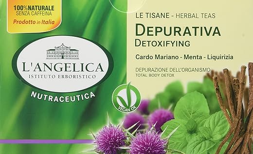L'Angelica, Tisana Depurativa Detox, Tisana Funzionale a Base di Cardo Mariano, Menta, Liquirizia, Azione Depurativa, Vegan, 10 Confezioni da 20 Filtri