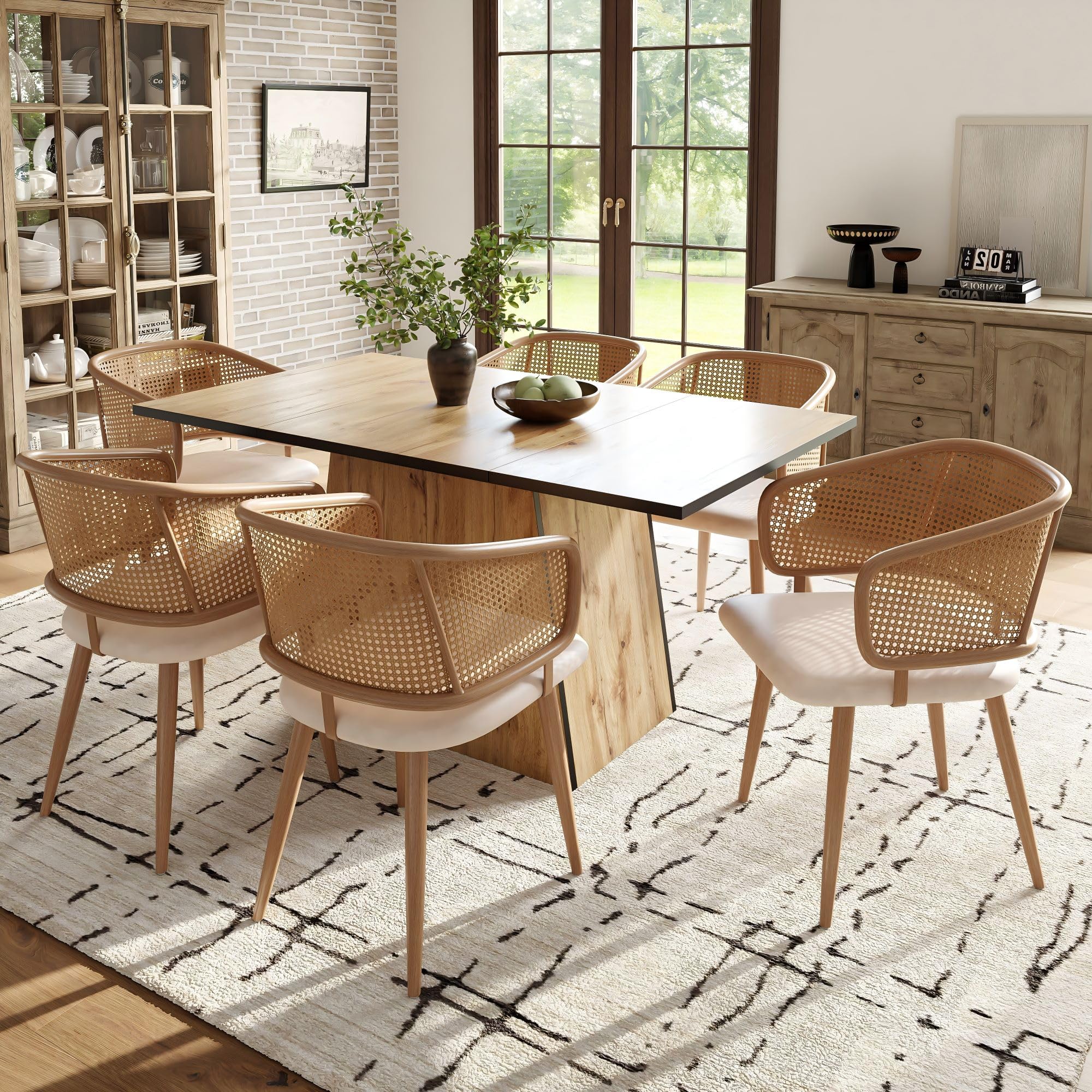 Sedia Da Pranzo In Rattan E Pelle, Con Struttura In Metallo, Seduta Imbottita, Design Moderno