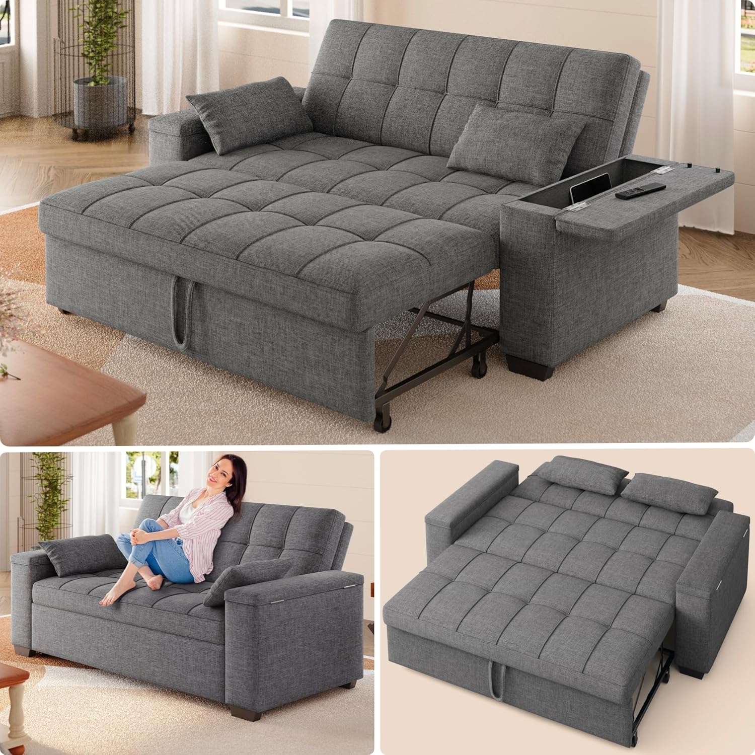 Gizoon Convertible Sofa Bed Queen Size, Sofa Cama, 3 in 1 Futon Sofa Bed Couch, 63.6'' Loveseat Sleeper with Pull Out Bed, Storage Armrest & Pockets, Adjustable Backrest for Living Room, Dark Grey