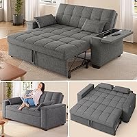 Gizoon 3-in-1 Queen Convertible Sofa Bed, 63.6" Pull-Out Couch with Storage Armrests, 5-Level Adjustable Backrest, Linen Sleeper for Small Apartments, Dark Grey
