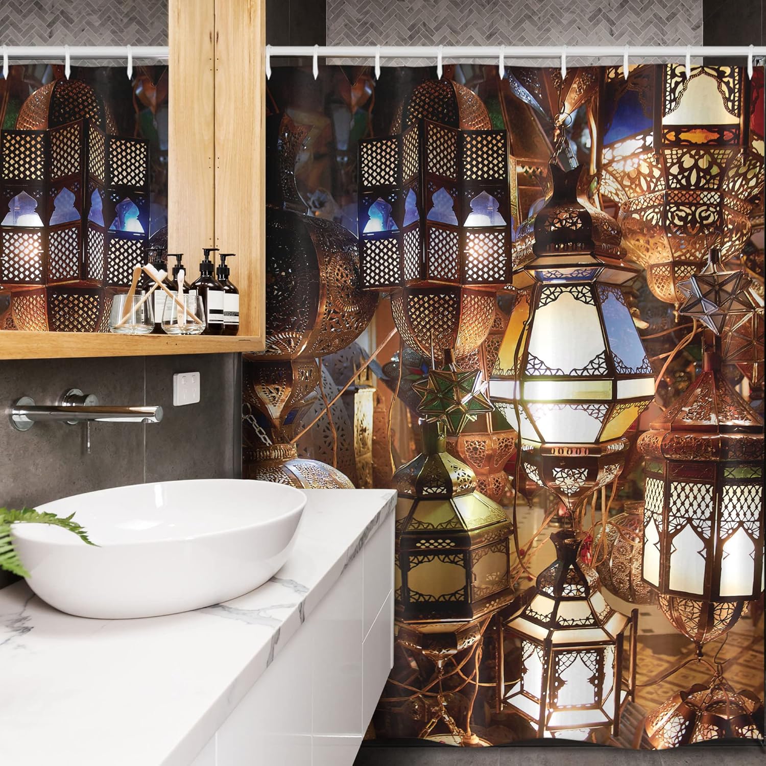 Ambesonne Moroccan Stall Shower Curtain, Ethnic Objects Souk Evening Culture Historical Traveling Destinations, Fabric Bathroom Decor Set with Hooks, 54" W x 78", Purple Brown and Green