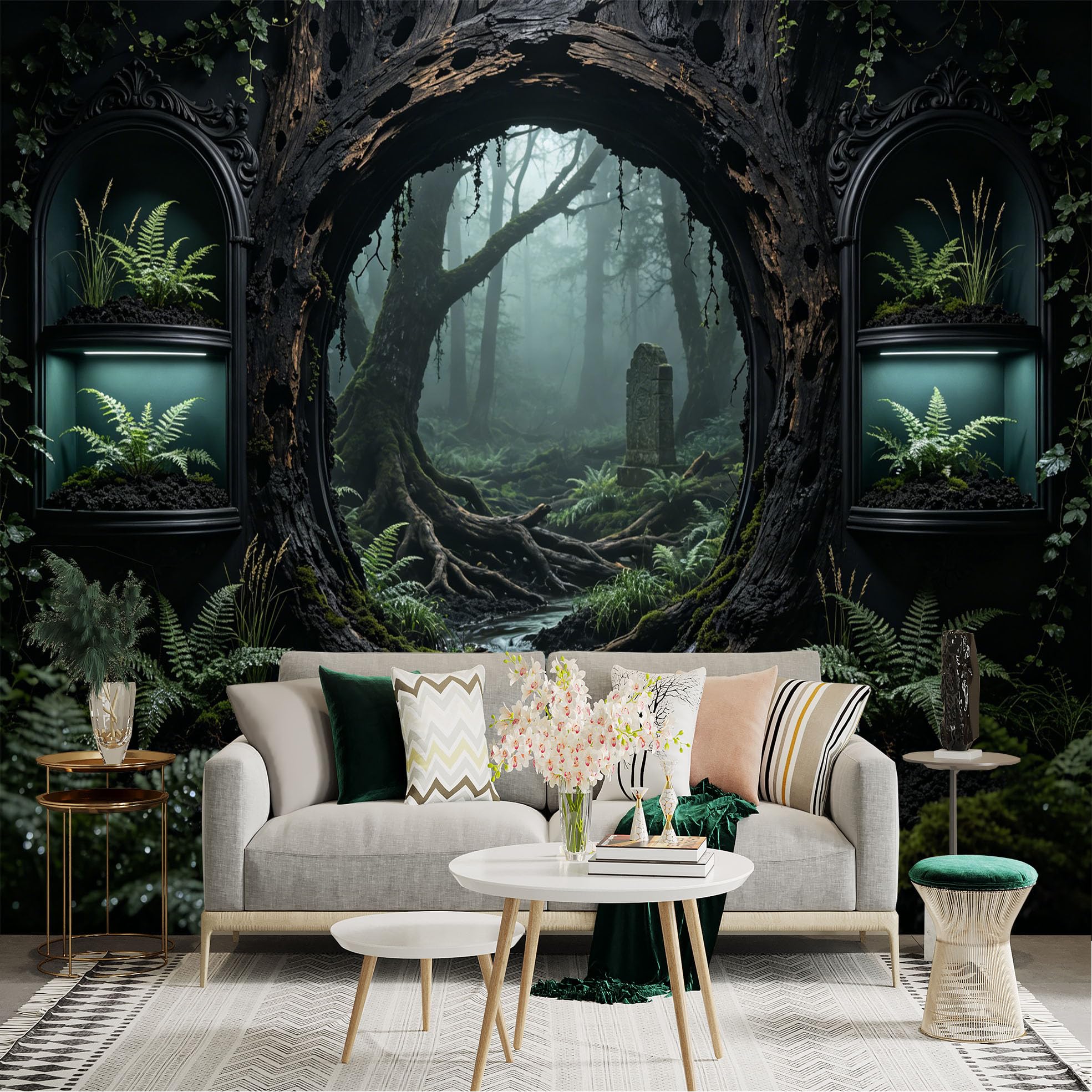 Custom Size Wall Sticker Mural， Mystic Forest Stream with Ferns and Ancient Stone， for wall Decoration， peelandstick wall Decals.