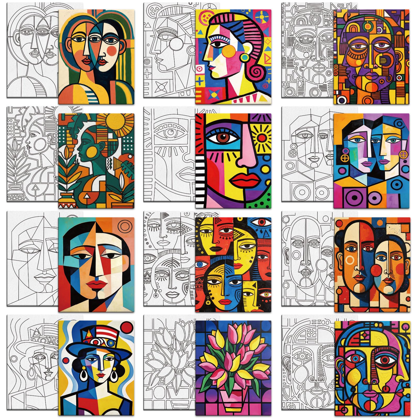 MAYJOYDIY 12 Pcs Abstract Pre Drawn Canvas to Painting Face Painting Pre Printed Canvas for Adults 25×20cm Elegant Lady DIY Paint Art Supplies for Beginners Party Gifts