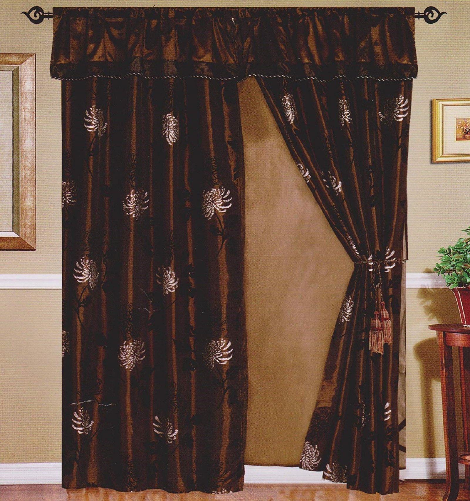 Brown Color Taffeta Fabric with Flocking Texure Curtains/Drapes Set + Valance + Backing + Tiebacks