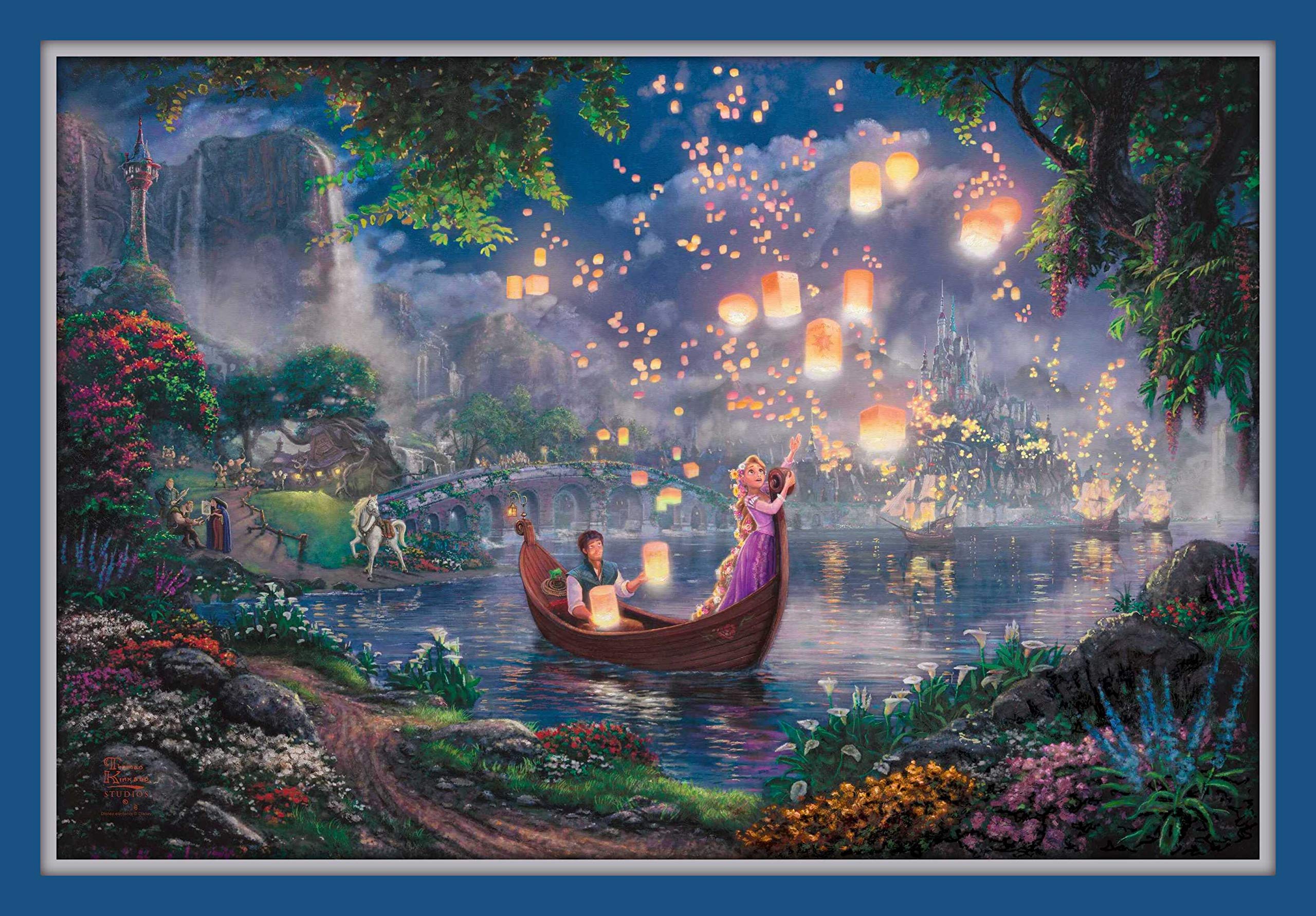 Tangled Rapunzel Boat Scene Lanterns by Thomas kinkade 11x14 Blue Double Matted 8x12 Fine Art Print Walt Disney Collection Full Image